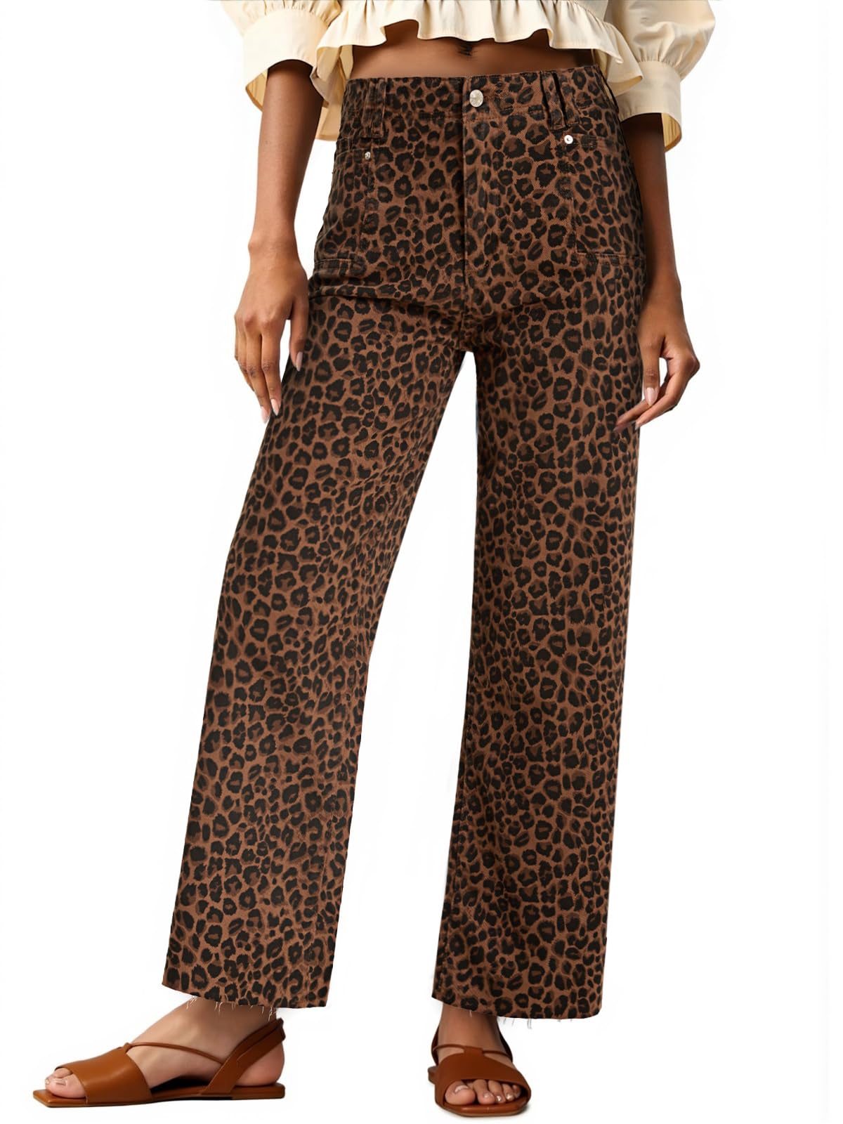 Cicy Bell Womens High Waisted Cropped Jeans Straight Leg Raw Hem Denim Pant