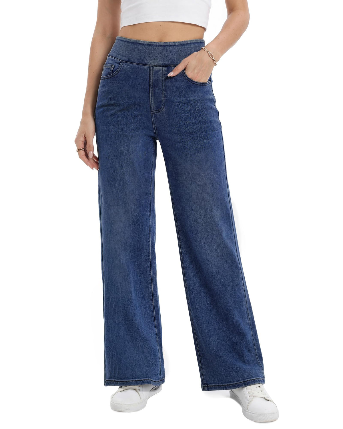 Wide Leg Pull On Jeans Womens High Rise Stretchy Jeans Denim Pants with Elastic Waist Tummy Control