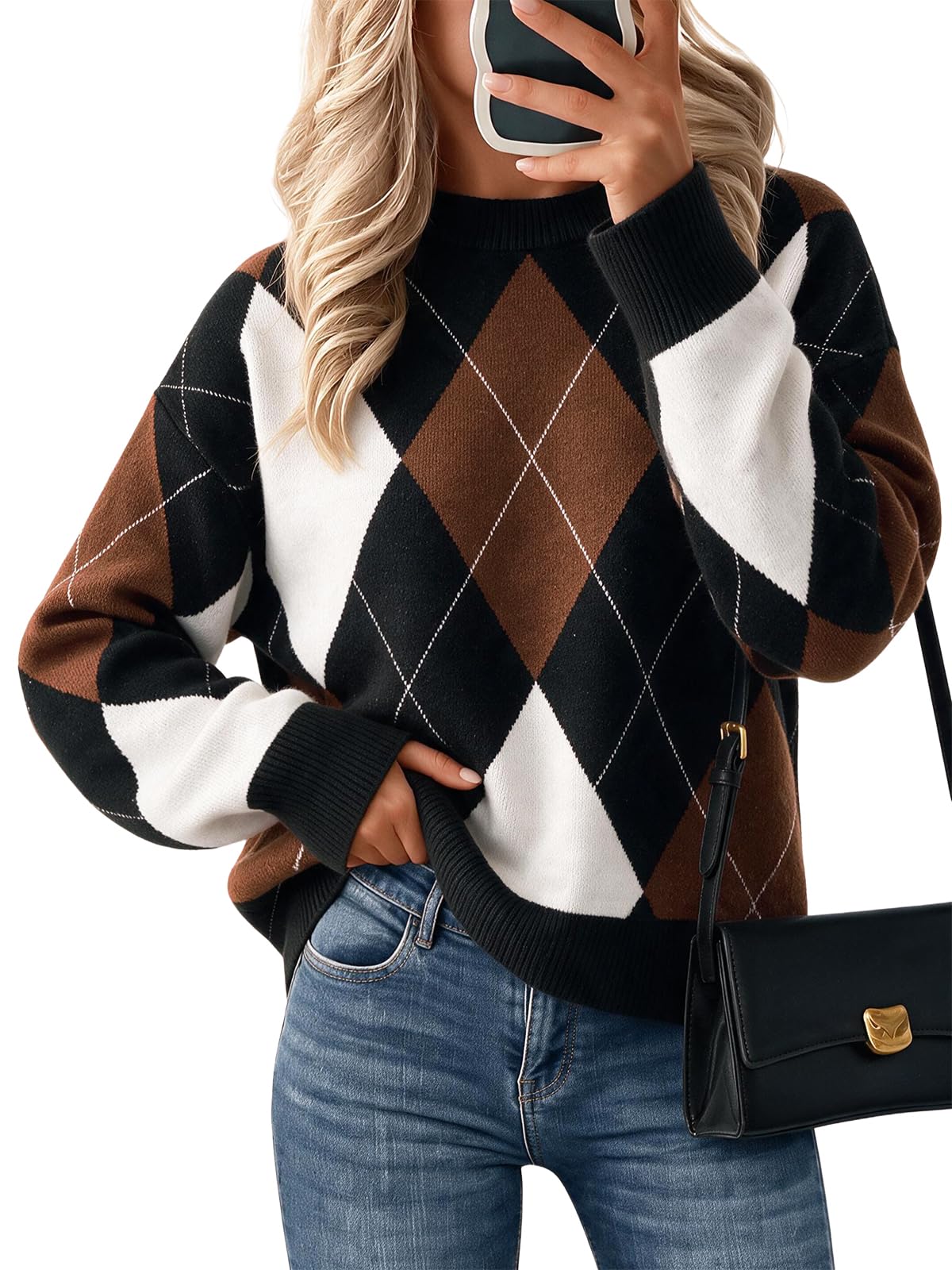 Cicy Bell Sweaters for Women Argyle Plaid Color Block Knit Pullover Tops