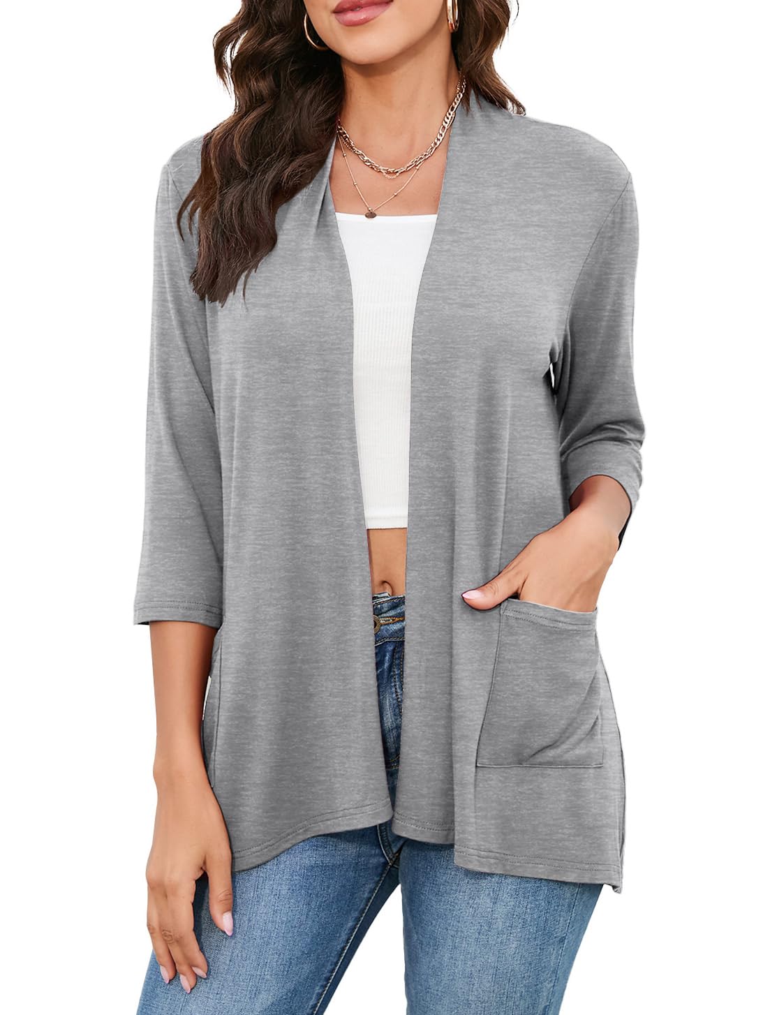 HIYIYEZI Womens Casual Lightweight Cardigans with Pockets 3/4 Sleeve Open Front Dusters