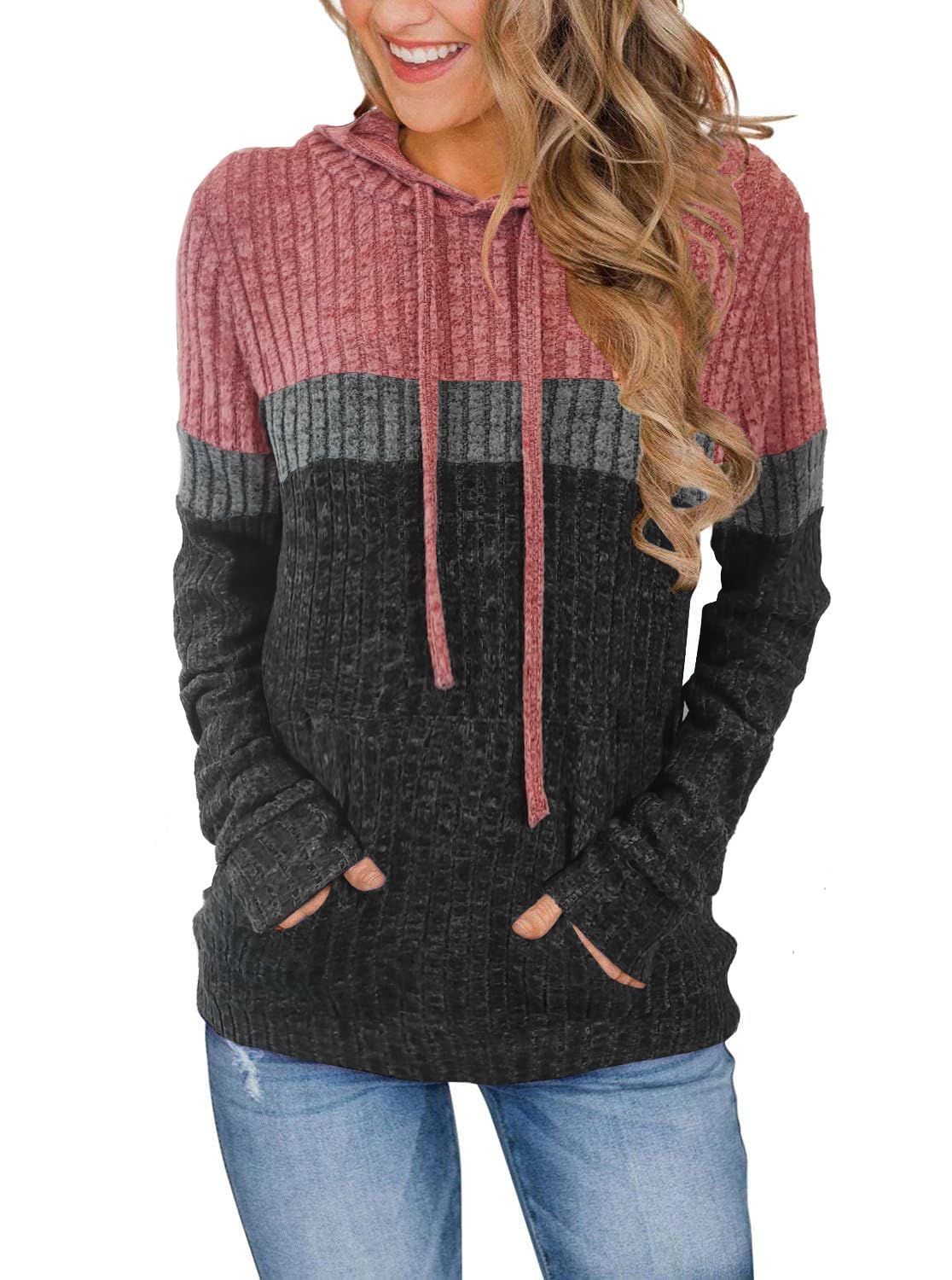 MixShe Women’s Color Block Knit Hoodie – Casual Long Sleeve Pullover Sweater Tops with Pocket