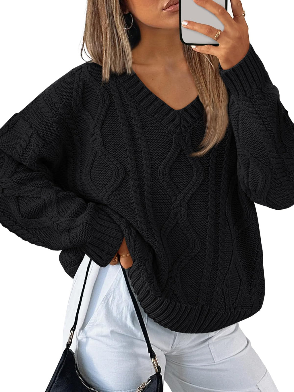 Trendy Queen Womens V Neck Cable Knit Sweaters Oversized Cozy Fall Pullover