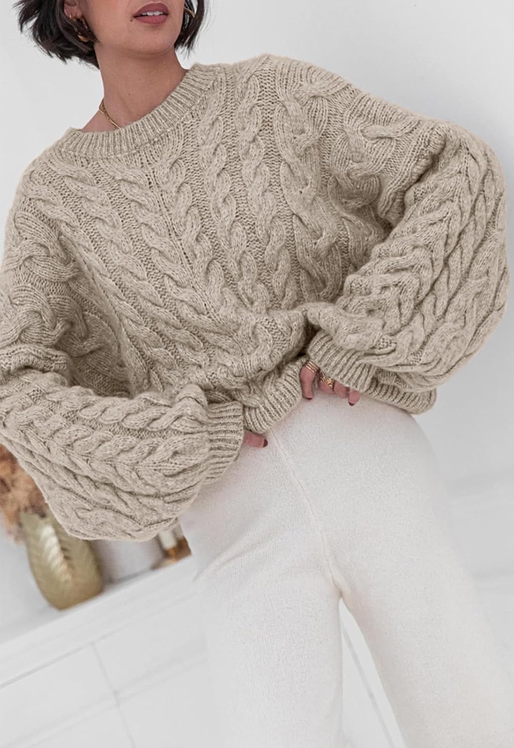 PRETTYGARDEN Womens Sweaters Fall 2026 Cable Knit Long Sleeve Crewneck Oversized Sweater Chunky Pullover Loose Outfits