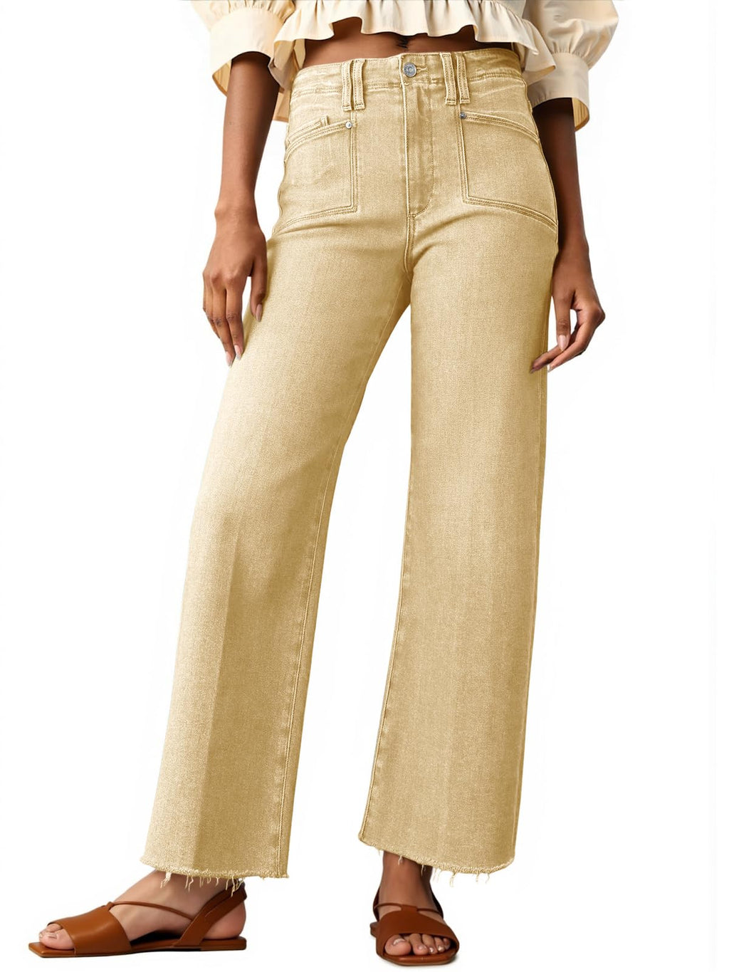Cicy Bell Womens High Waisted Cropped Jeans Straight Leg Raw Hem Denim Pant