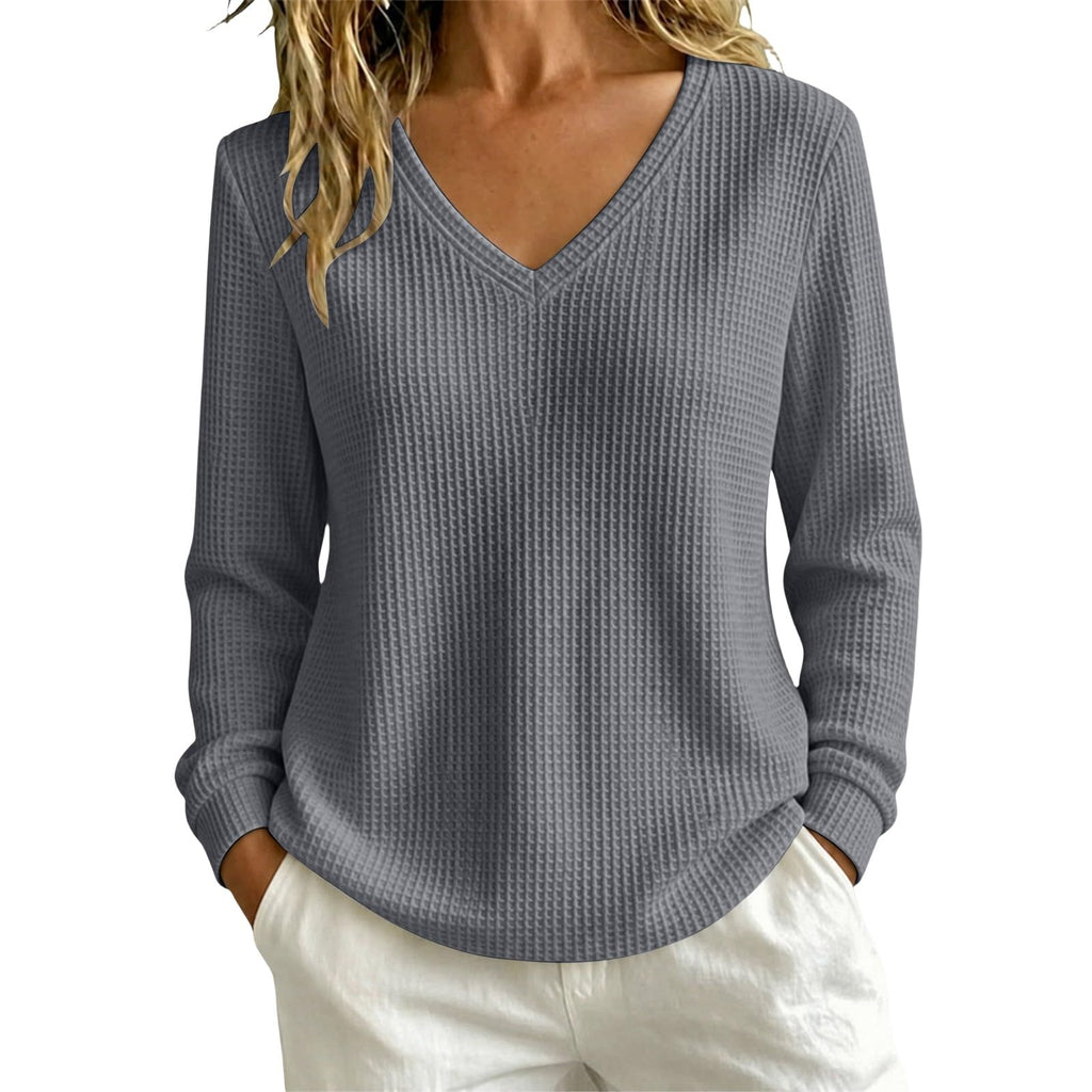 Women’s Lightweight Waffle Knit Sweater V-Neck Loose Fit Pullover