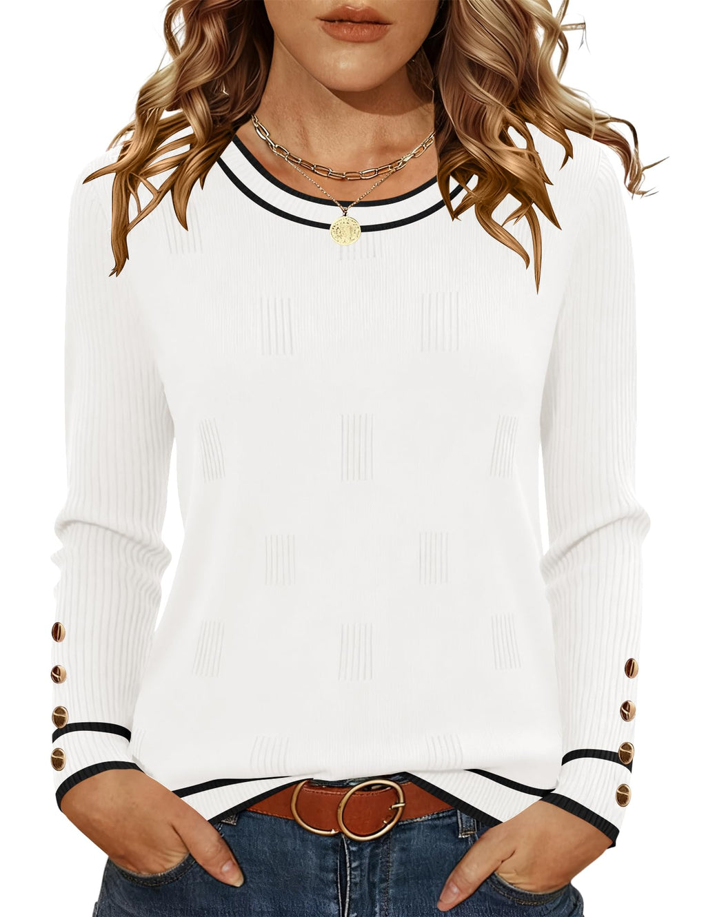 AKEWEI Womens Sweaters Long Sleeve Crew Neck Lightweight Knit Pullover Tops with Decorative Buttons
