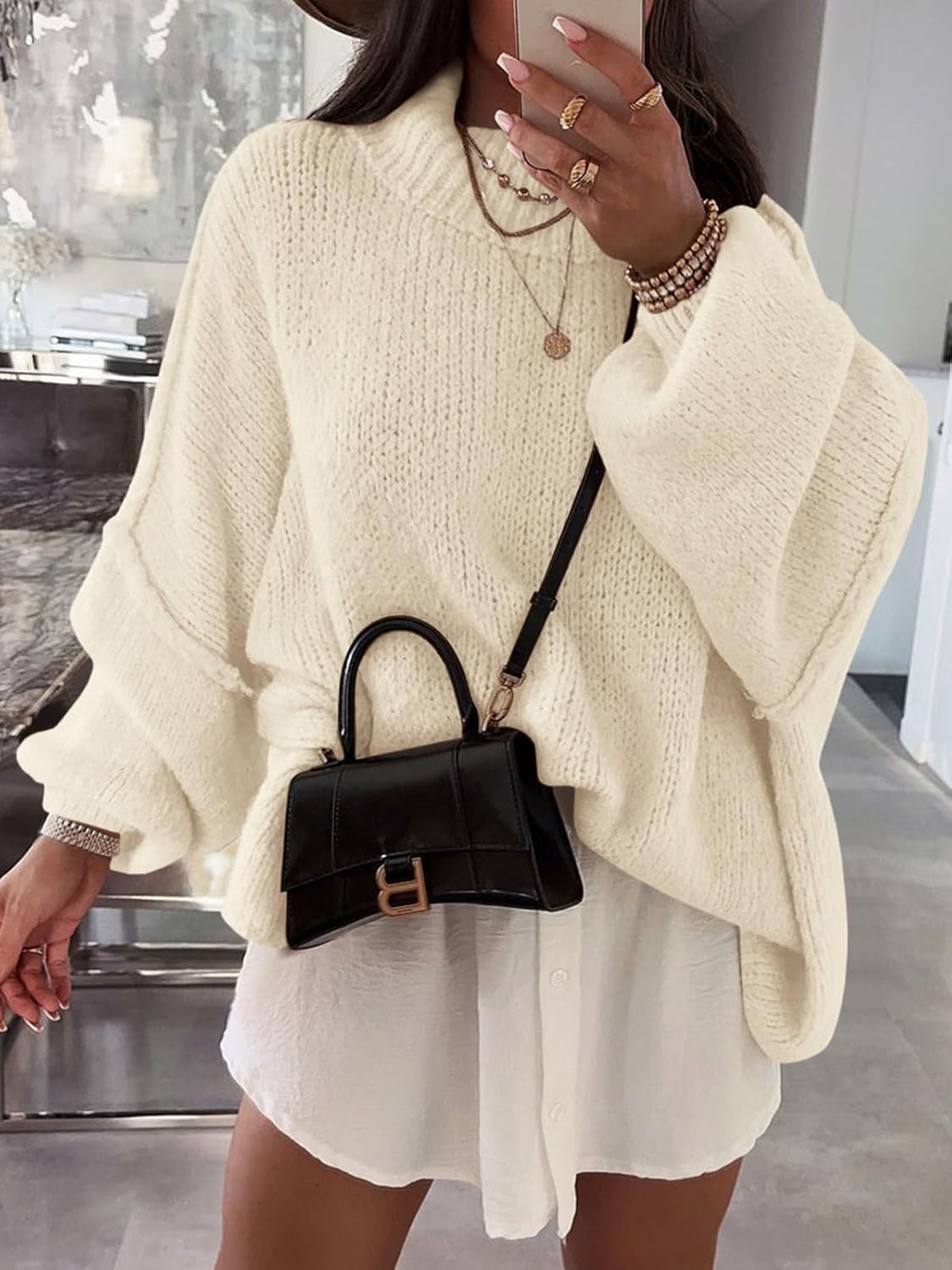 Saodimallsu Womens Oversized Sweaters Mock Neck Fall Winter Tunic Sweater