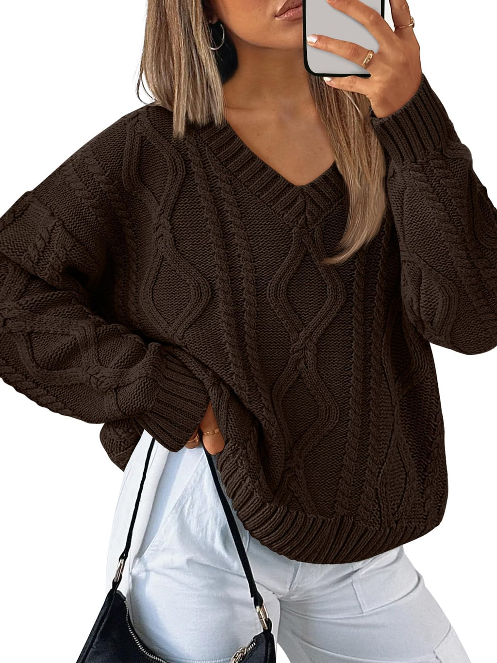 Trendy Queen Womens V Neck Cable Knit Sweaters Oversized Cozy Fall Pullover