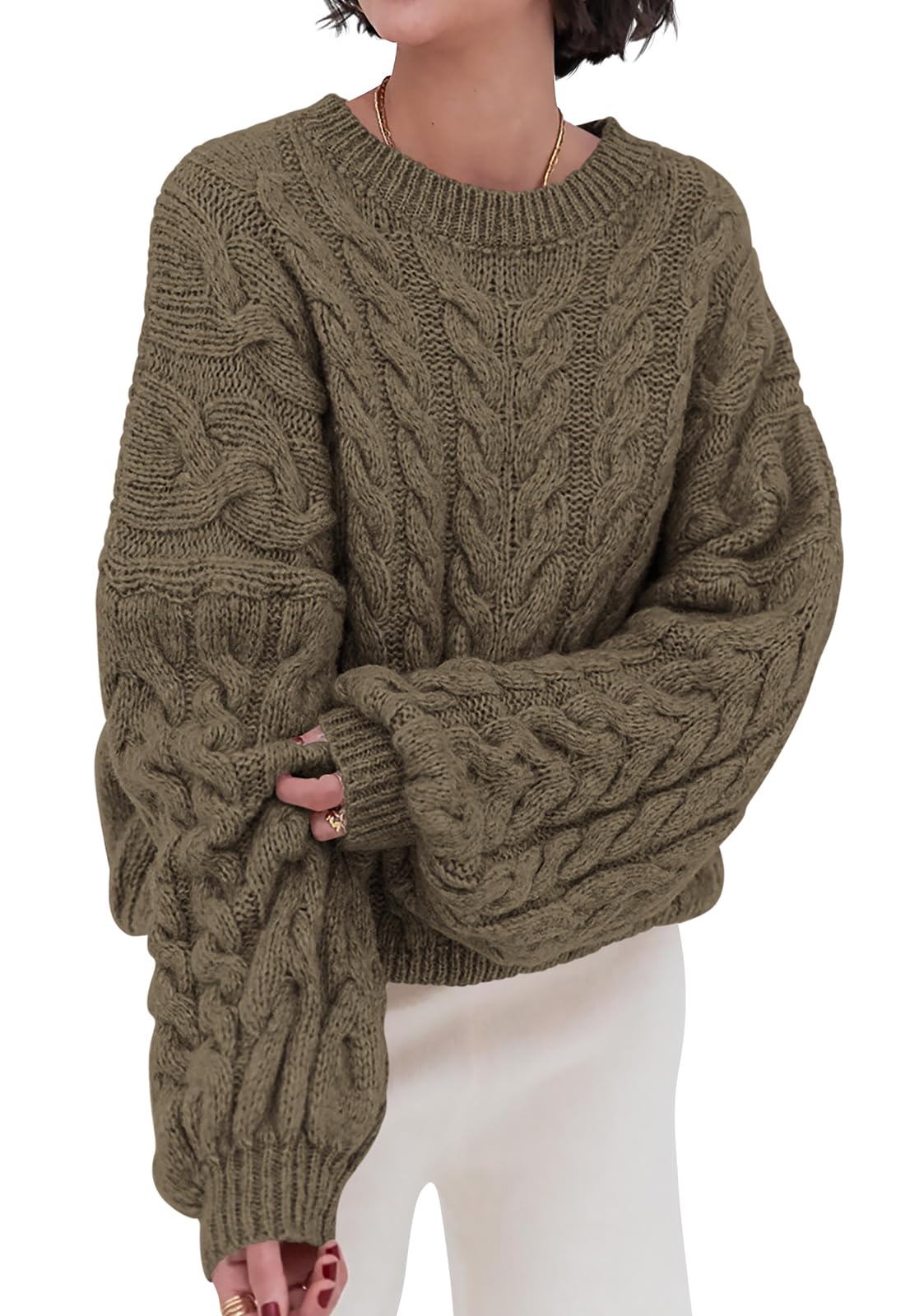 PRETTYGARDEN Womens Sweaters Fall 2026 Cable Knit Long Sleeve Crewneck Oversized Sweater Chunky Pullover Loose Outfits