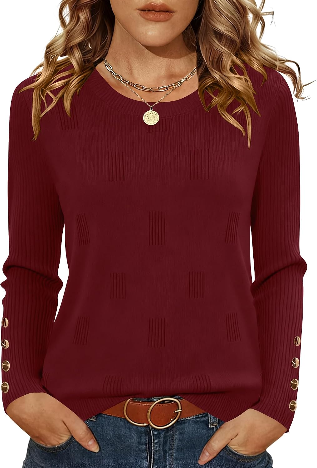 AKEWEI Womens Sweaters Long Sleeve Crew Neck Lightweight Knit Pullover Tops with Decorative Buttons