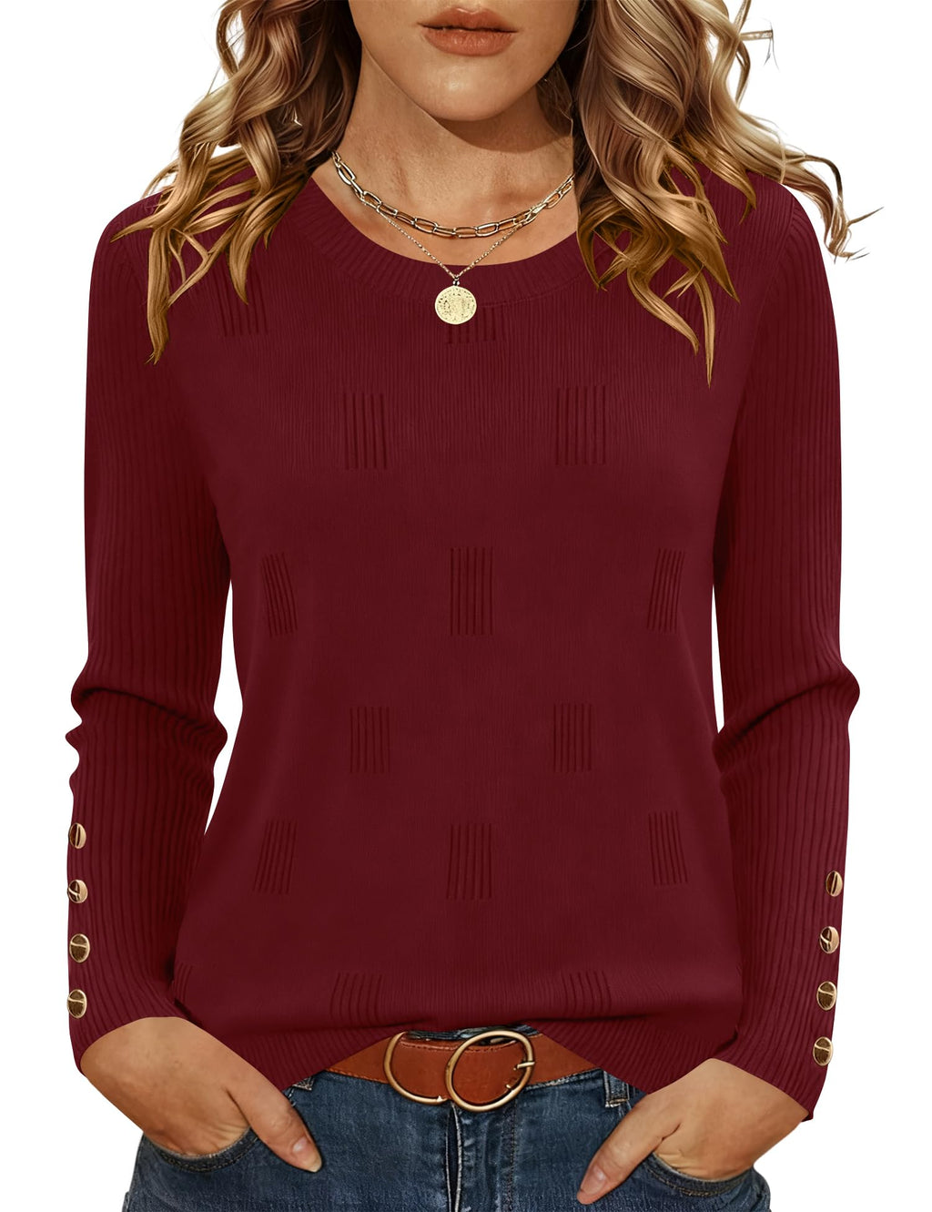 AKEWEI Womens Sweaters Long Sleeve Crew Neck Lightweight Knit Pullover Tops with Decorative Buttons