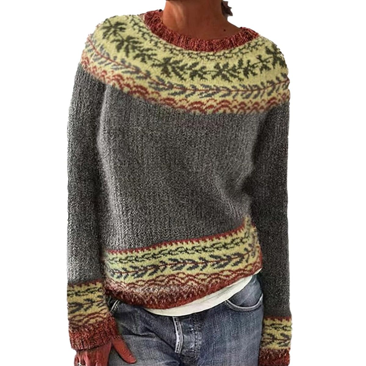 Fair Isle Sweater Women Boho Knitted Vintage Sweaters Casual Crewneck Long Sleeve Lightweight Cropped Pullover Tops
