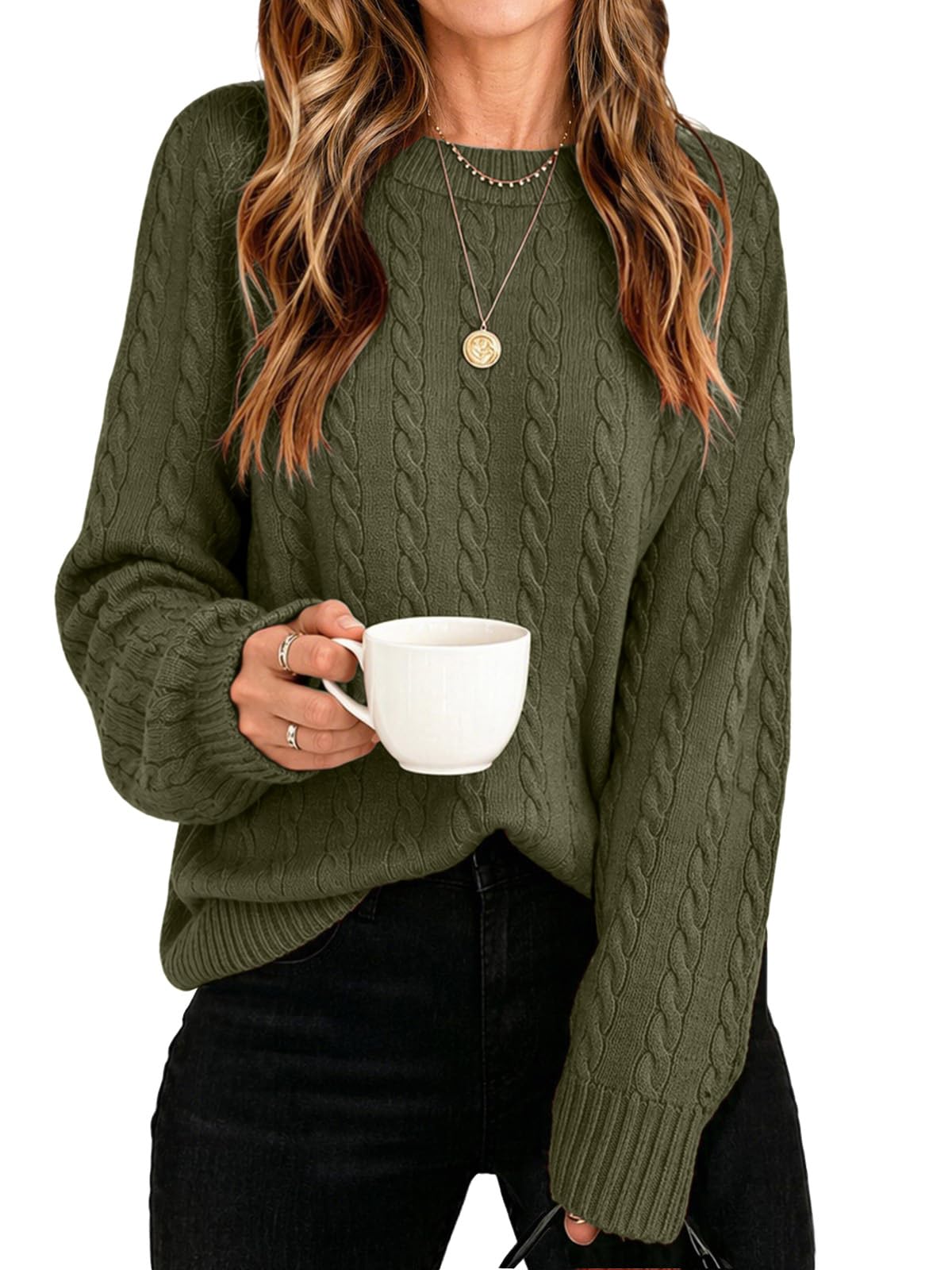 Womens Winter Fall Sweaters 2026 Trendy Cable Knit Long Sleeve Crewneck Tops Casual Outfit Sweater for Women