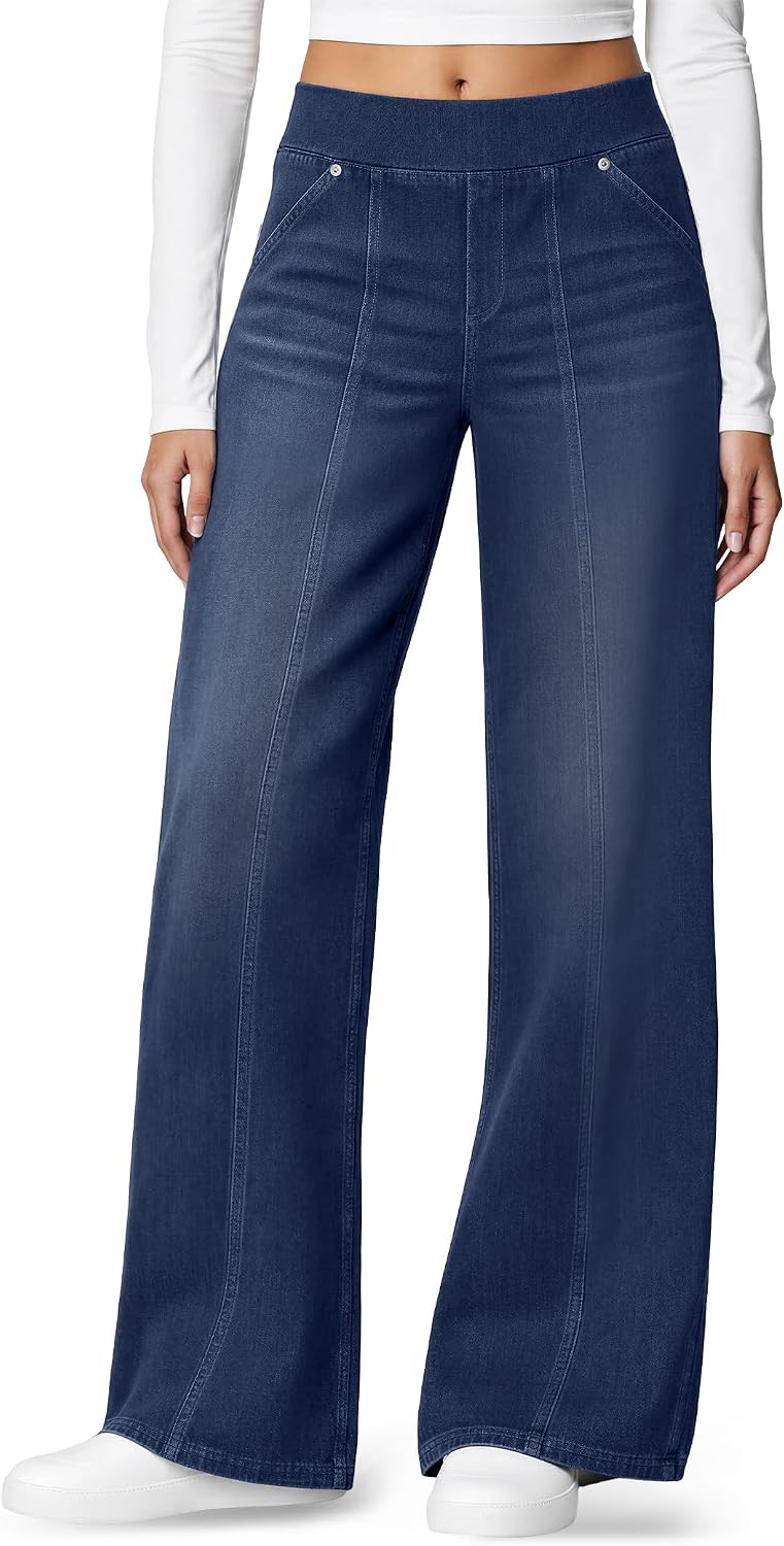DLOODA Women's Stretchy Wide Leg Jeans High Waisted Pull on Sweatpant Jeans