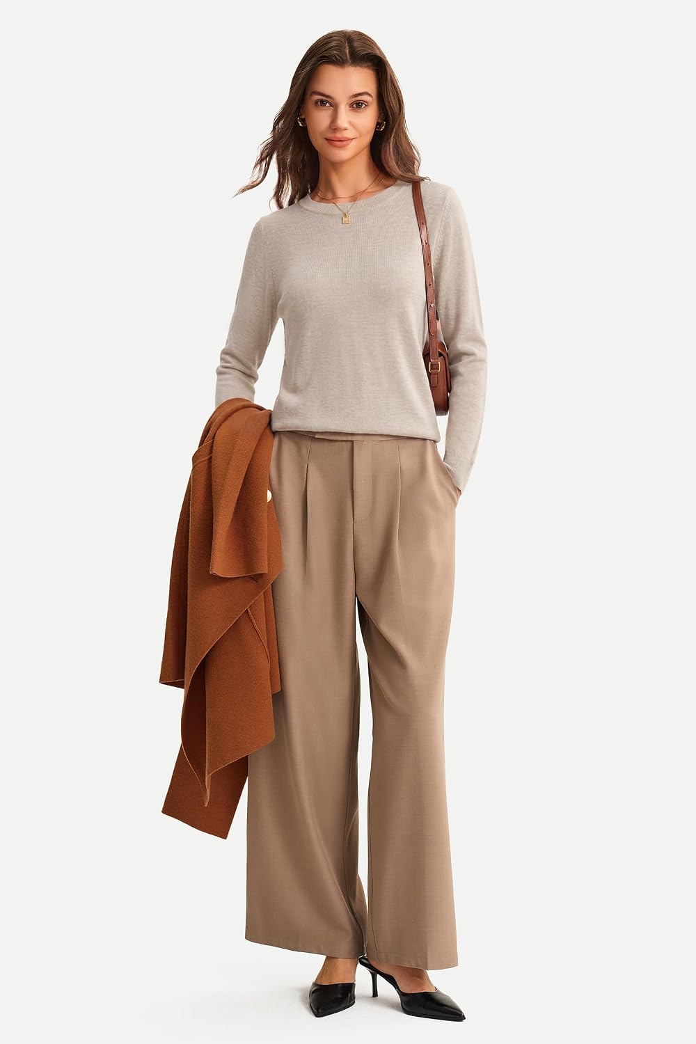 Arach&Cloz Women's 100% Merino Wool Long Sleeve Crew Neck Fall Work Sweater