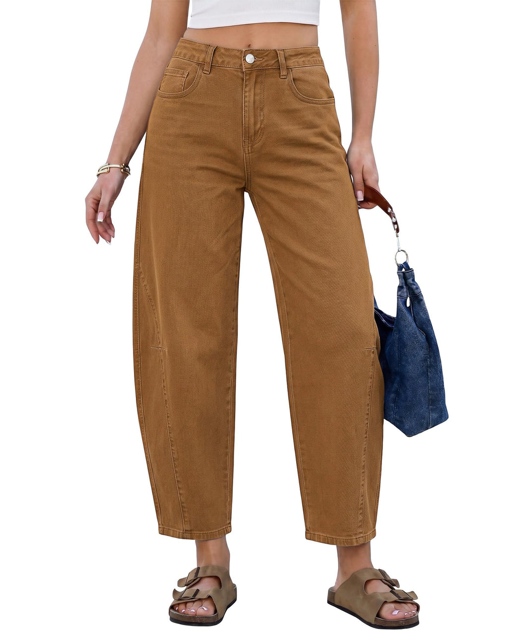 GRAPENT Barrel Jeans for Women Cropped Trendy High Waisted Baggy Side Seamed Casual Stretchy Denim Pants Wide Leg Jeans