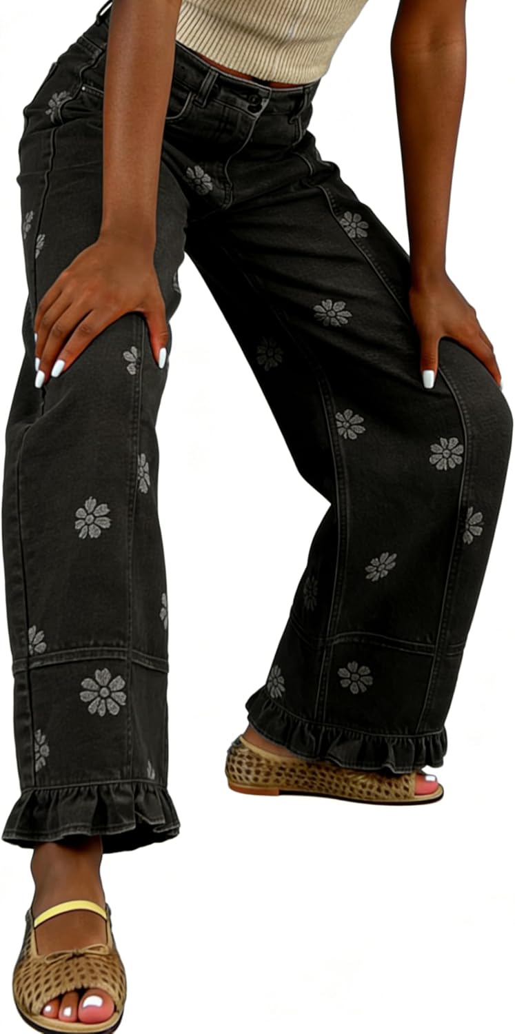 utcoco Barrel Jeans Women 2026 Floral Print Wide Leg Jeans Y2k Patchwork Baggy Boyfriend Denim Pants