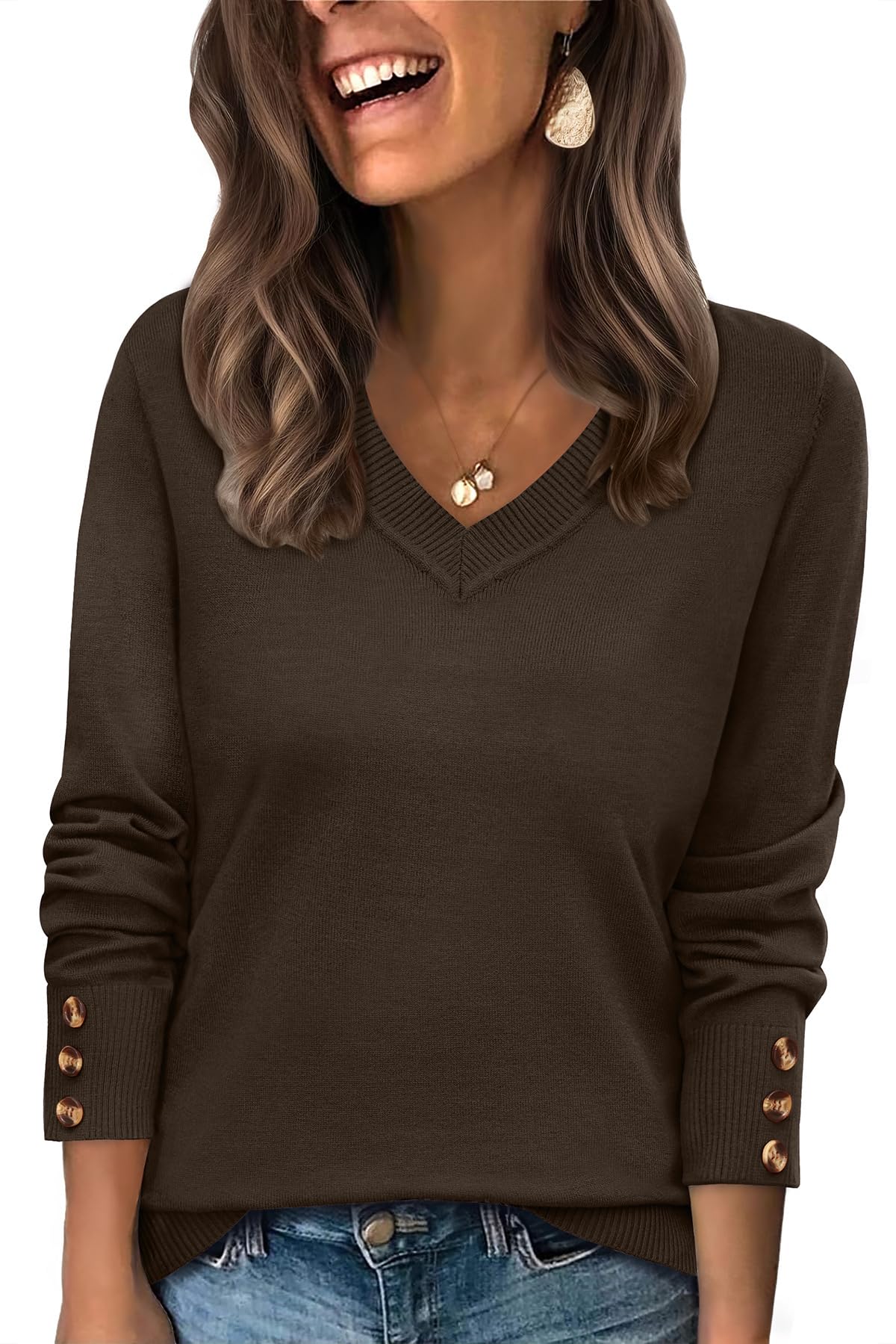 WIHOLL Lightweight Sweaters for Women Long Sleeve V Neck Knit Outfits with Decorative Buttons
