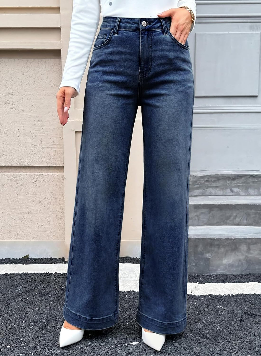 SHEWIN Flare Jeans for Women Wide Leg High Waisted Strechy Loose Casual Denim Pants with Pockets