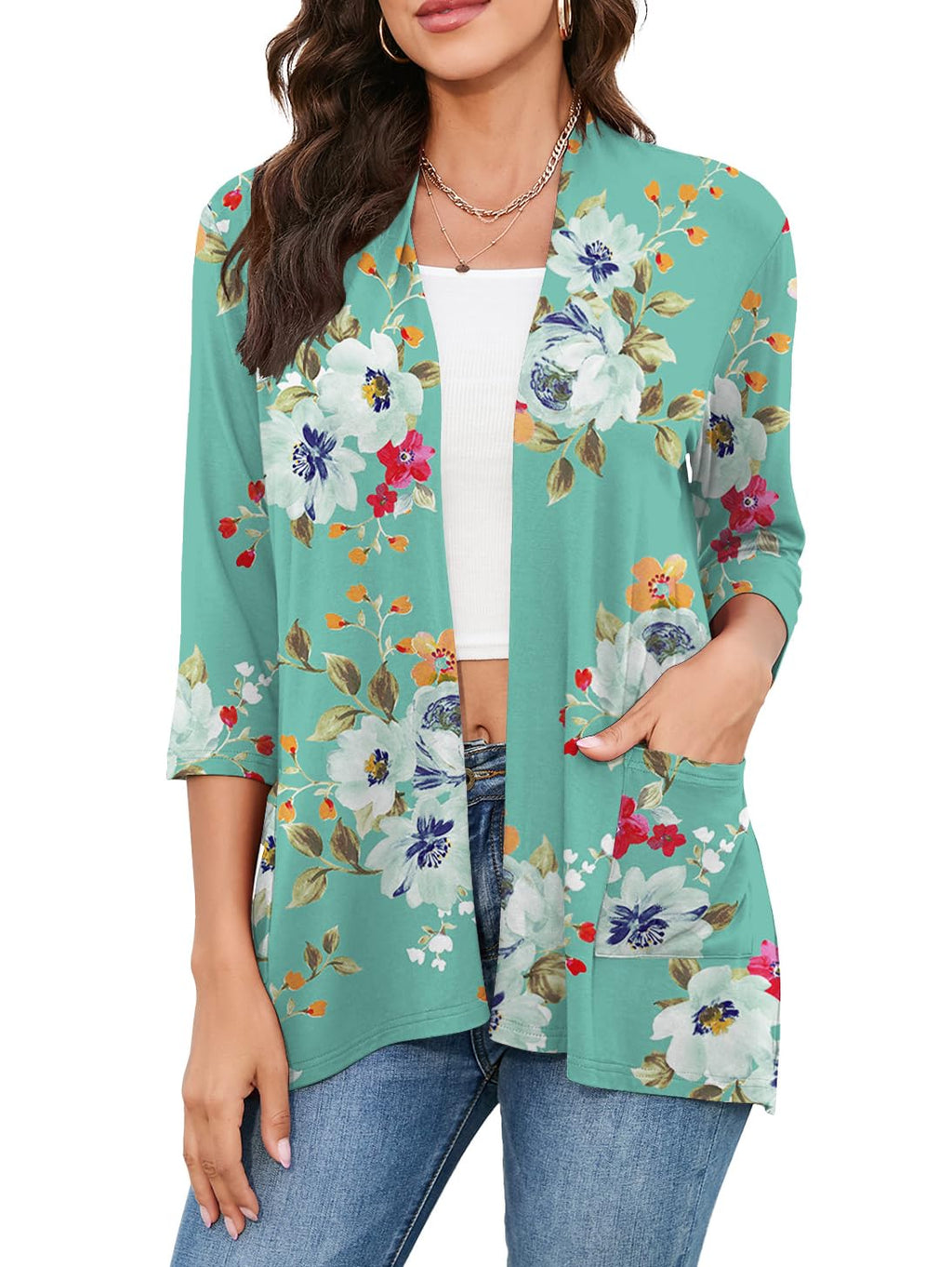HIYIYEZI Womens Casual Lightweight Cardigans with Pockets 3/4 Sleeve Open Front Dusters