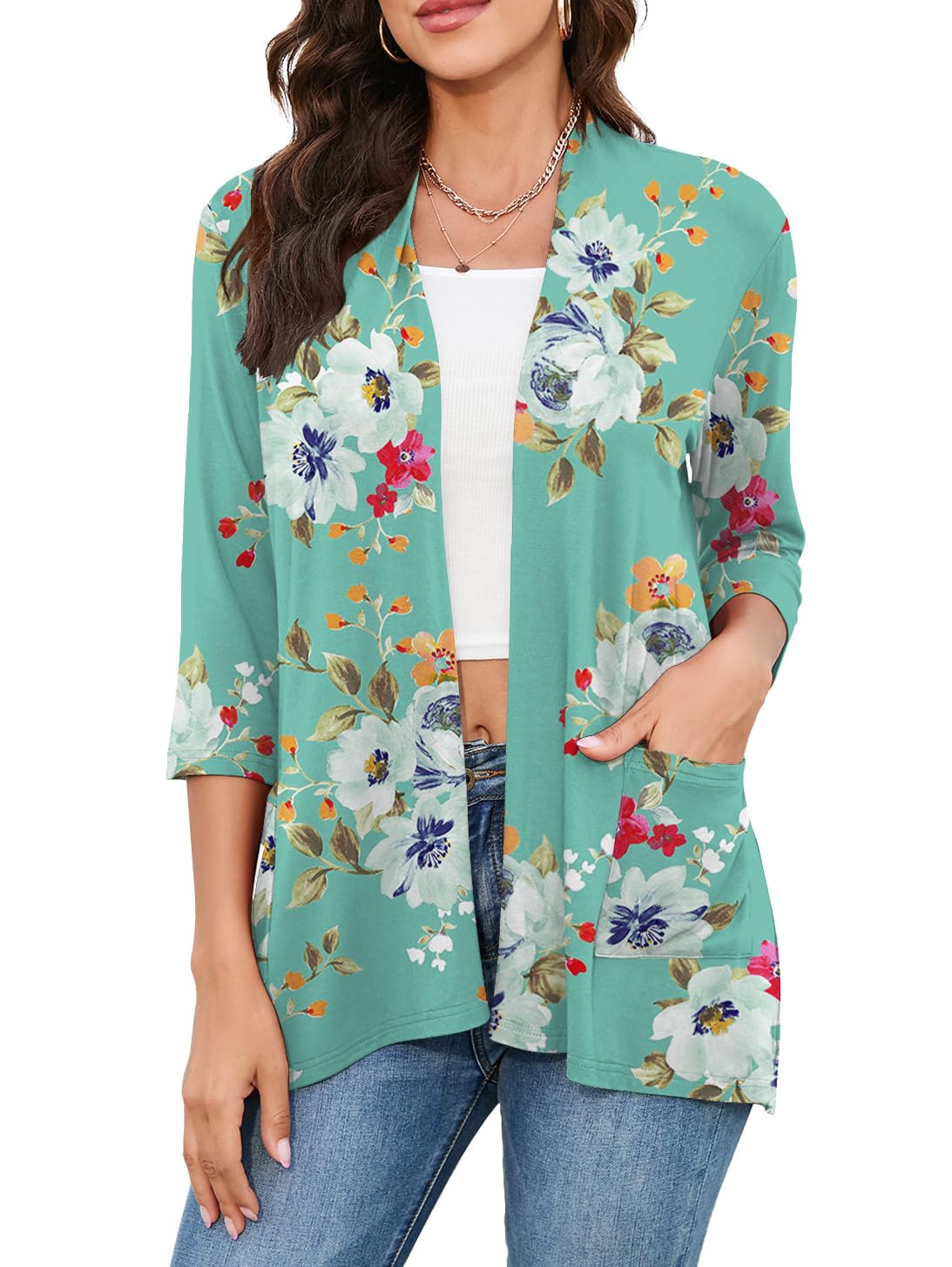 HIYIYEZI Womens Casual Lightweight Cardigans with Pockets 3/4 Sleeve Open Front Dusters