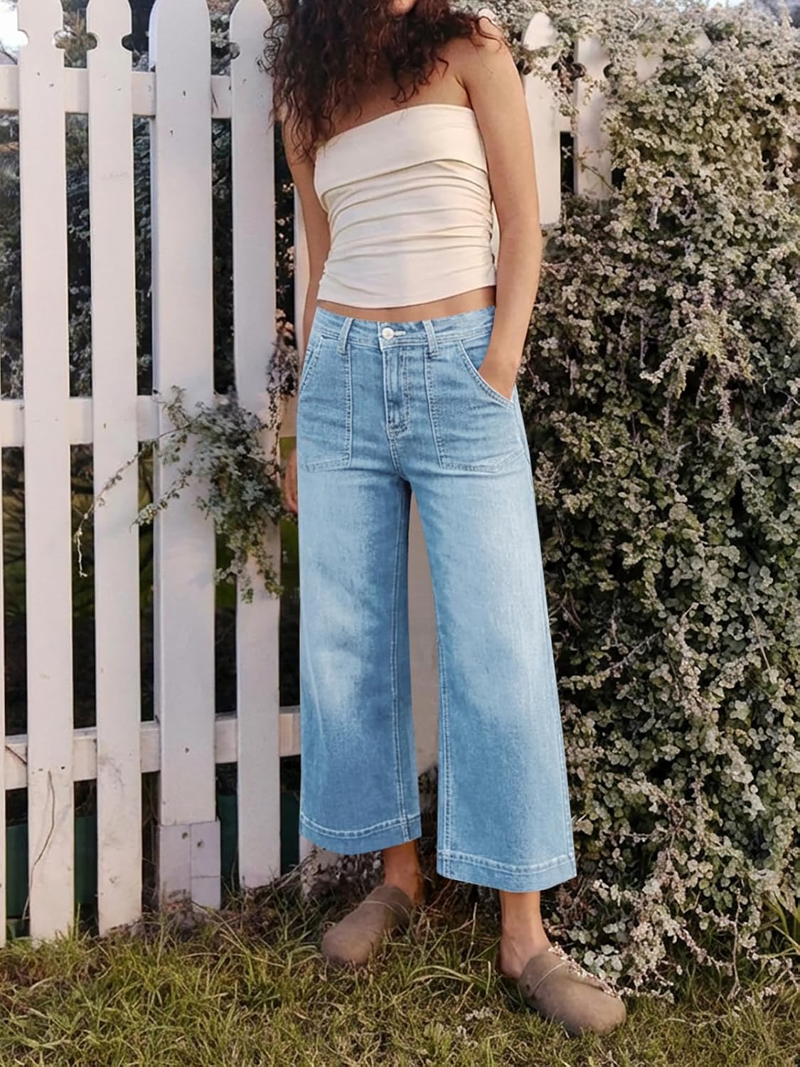 Cicy Bell Womens Cropped Wide Leg Jeans High Waisted Stretchy Denim Pants
