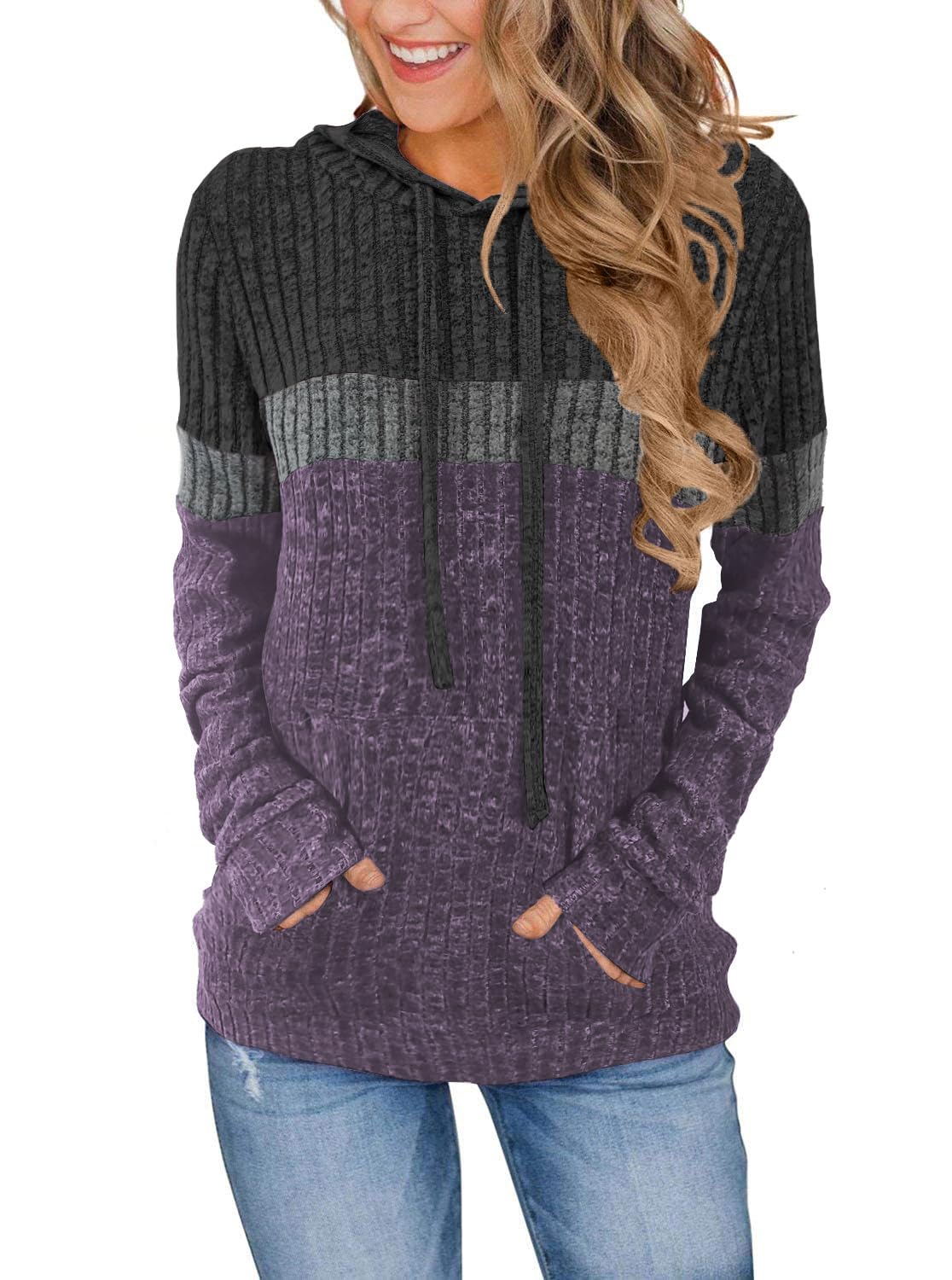 MixShe Women’s Color Block Knit Hoodie – Casual Long Sleeve Pullover Sweater Tops with Pocket
