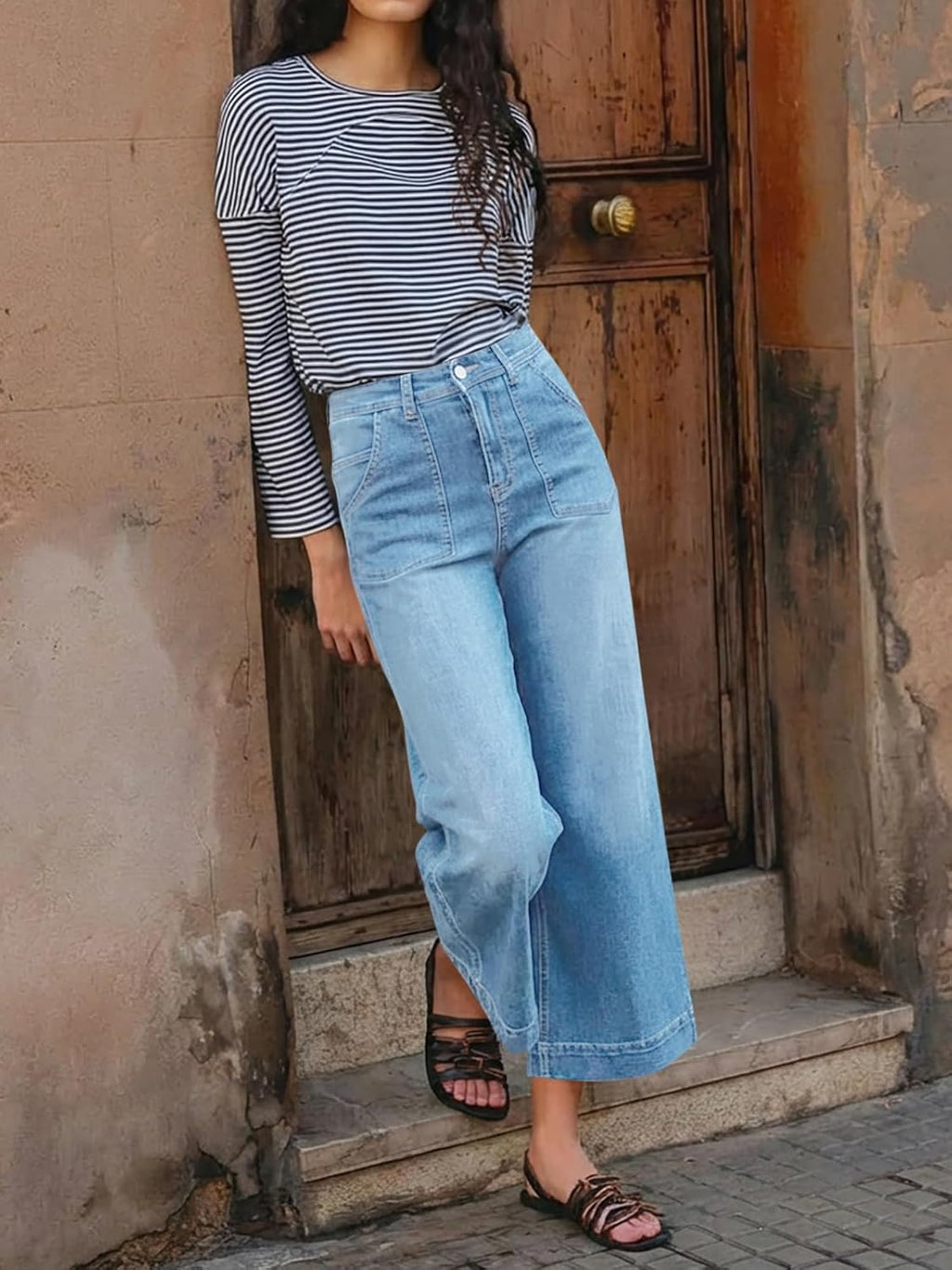 Cicy Bell Womens Cropped Wide Leg Jeans High Waisted Stretchy Denim Pants