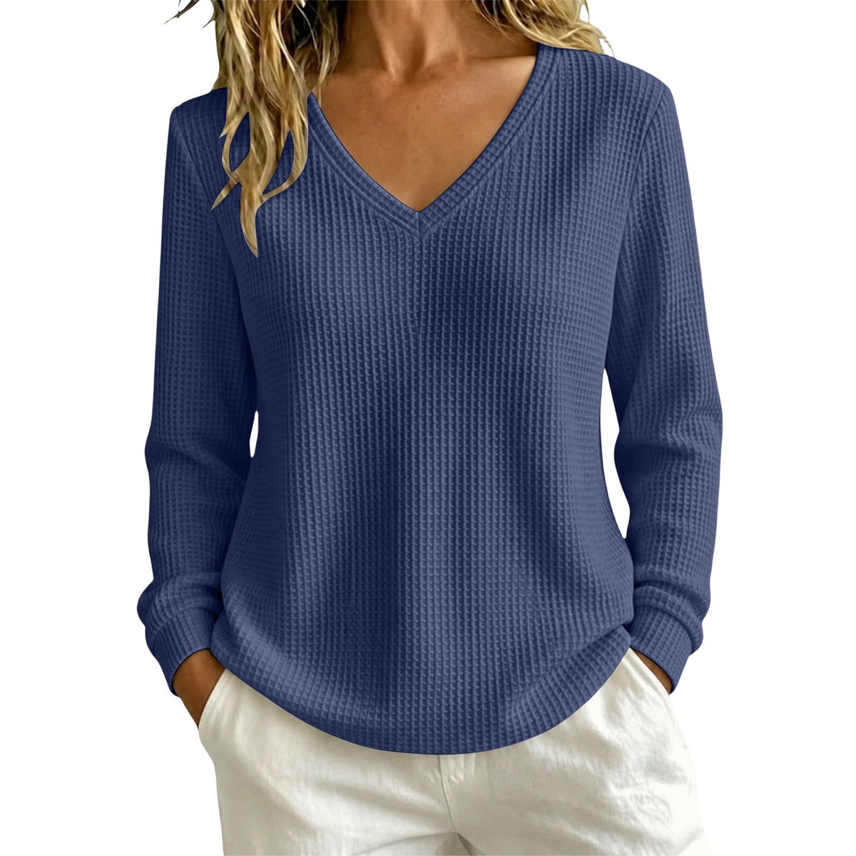 Women’s Lightweight Waffle Knit Sweater V-Neck Loose Fit Pullover