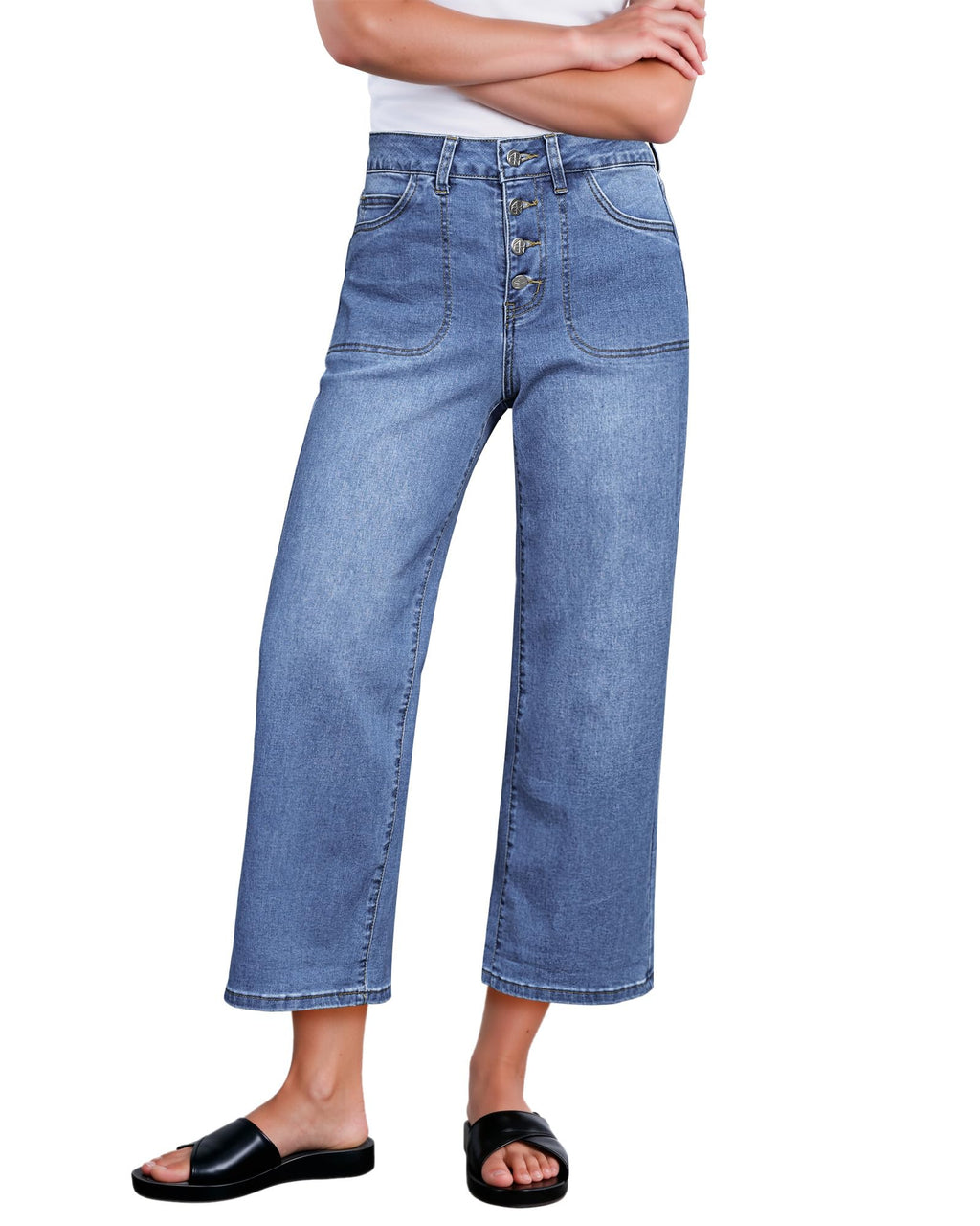 GRAPENT Wide Leg Jeans for Women Cropped Trendy High Waisted Button Fly Loose Straight Leg Stretchy Denim Trouser Jeans