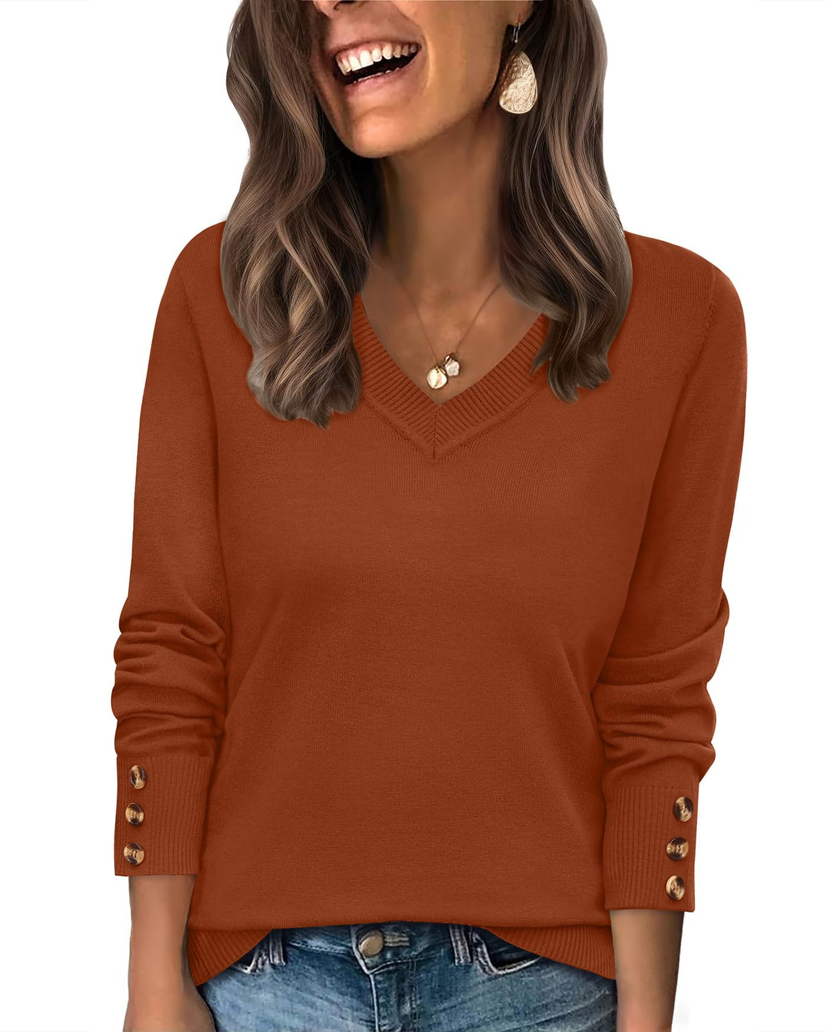 WIHOLL Lightweight Sweaters for Women Long Sleeve V Neck Knit Outfits with Decorative Buttons