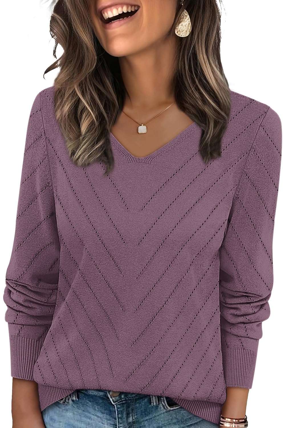 WIHOLL Sweaters for Women V Neck Casual Knit Long Sleeve Tops Lightweight Pullover Clothes Fall Fashion Outfits 2026