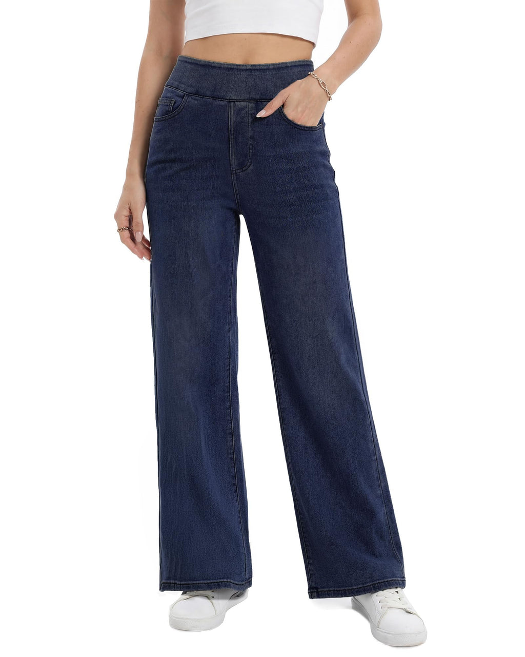 Wide Leg Pull On Jeans Womens High Rise Stretchy Jeans Denim Pants with Elastic Waist Tummy Control