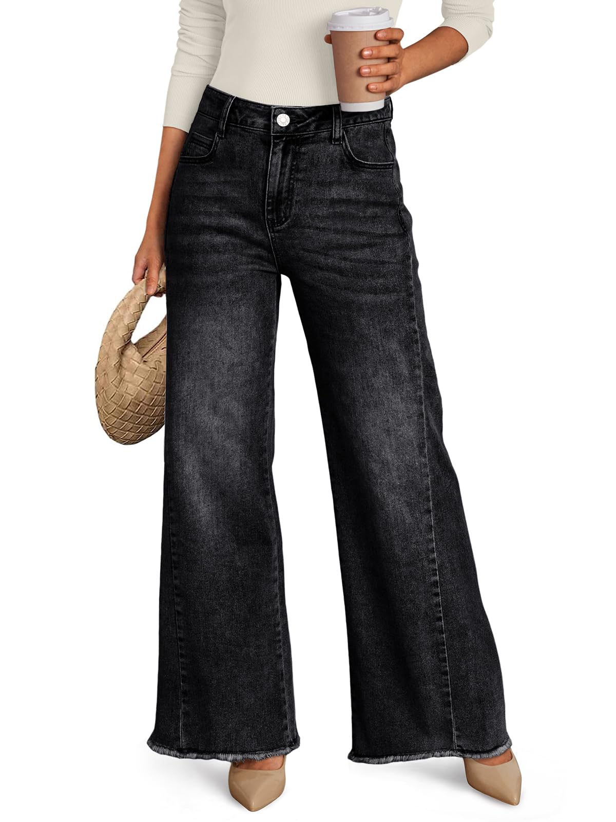 Trendy Queen Women's Wide Leg Jeans, Relaxed Loose with Raw Hem Pants