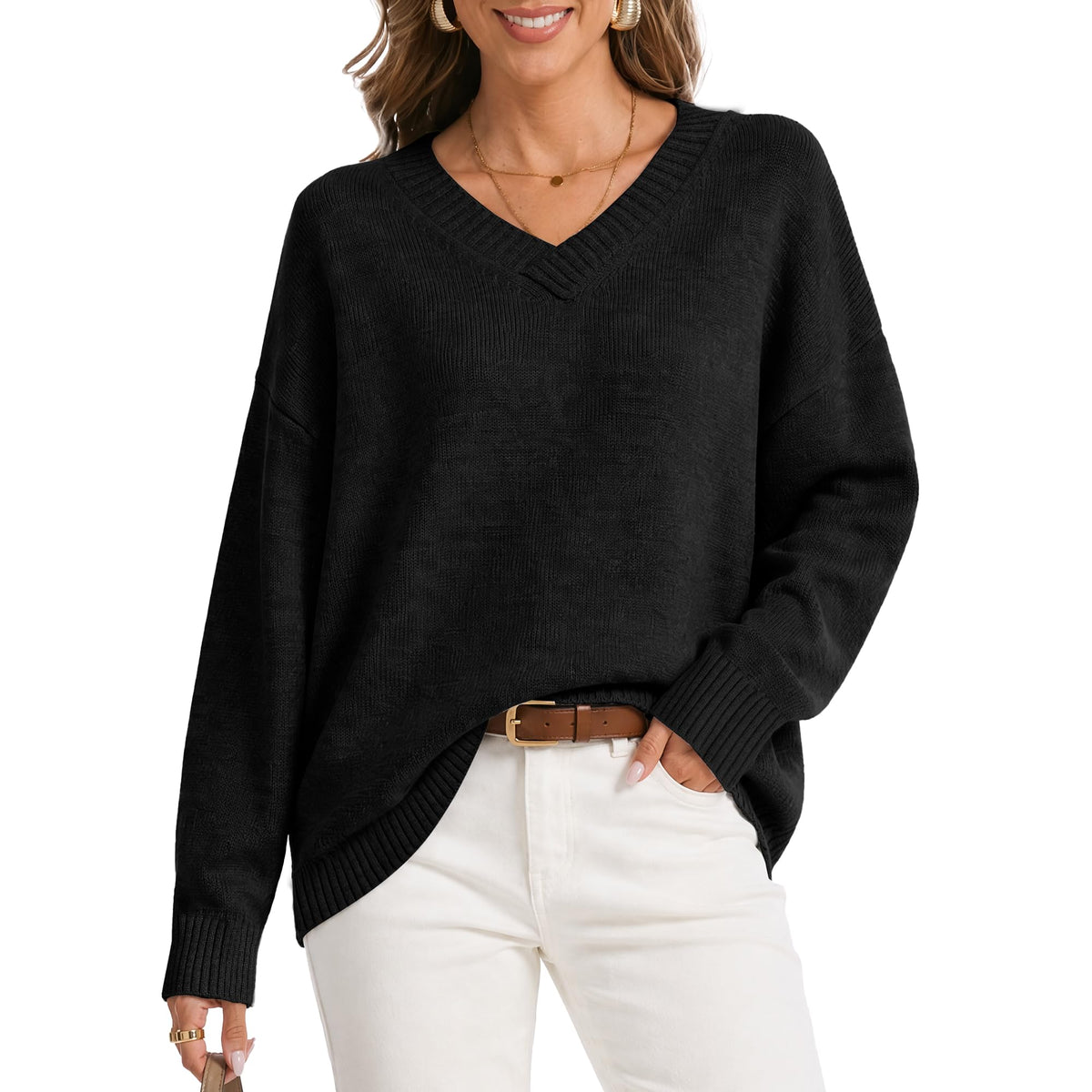 Womens Oversized Cashmere Blend V Neck Cozy Pullover Sweaters