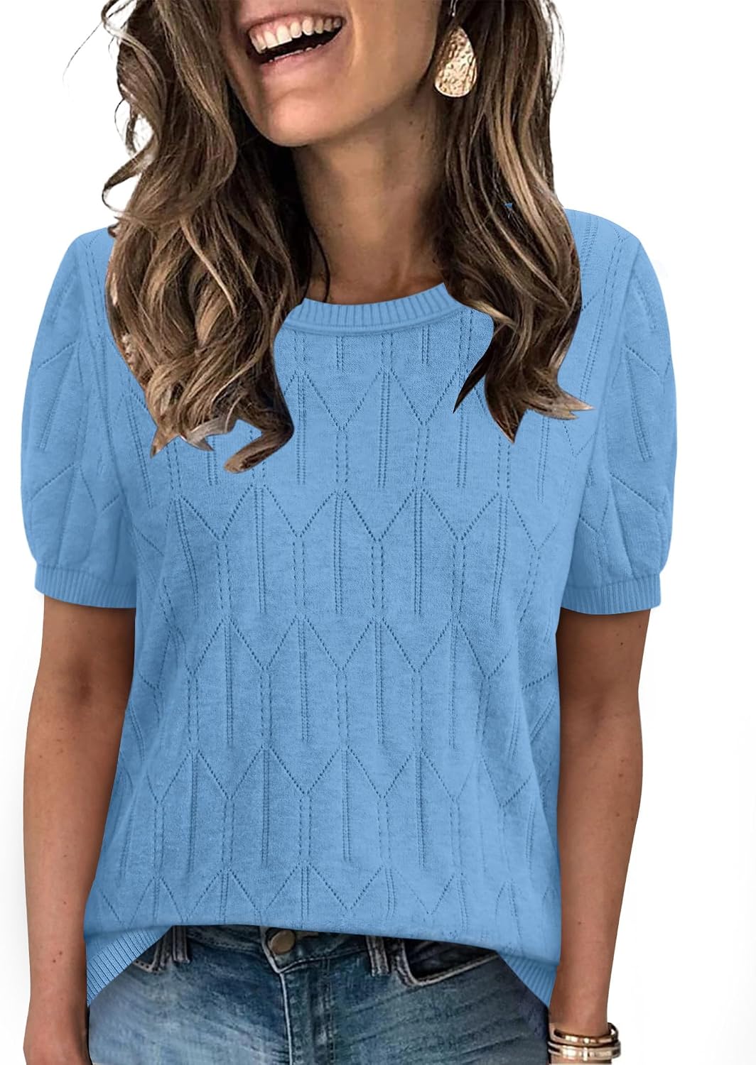 Sampeel Short Sleeve Sweater for Women Round Neck Knit Work Tops Beach Fashion Vacation Clothes Summer Outfits 2026