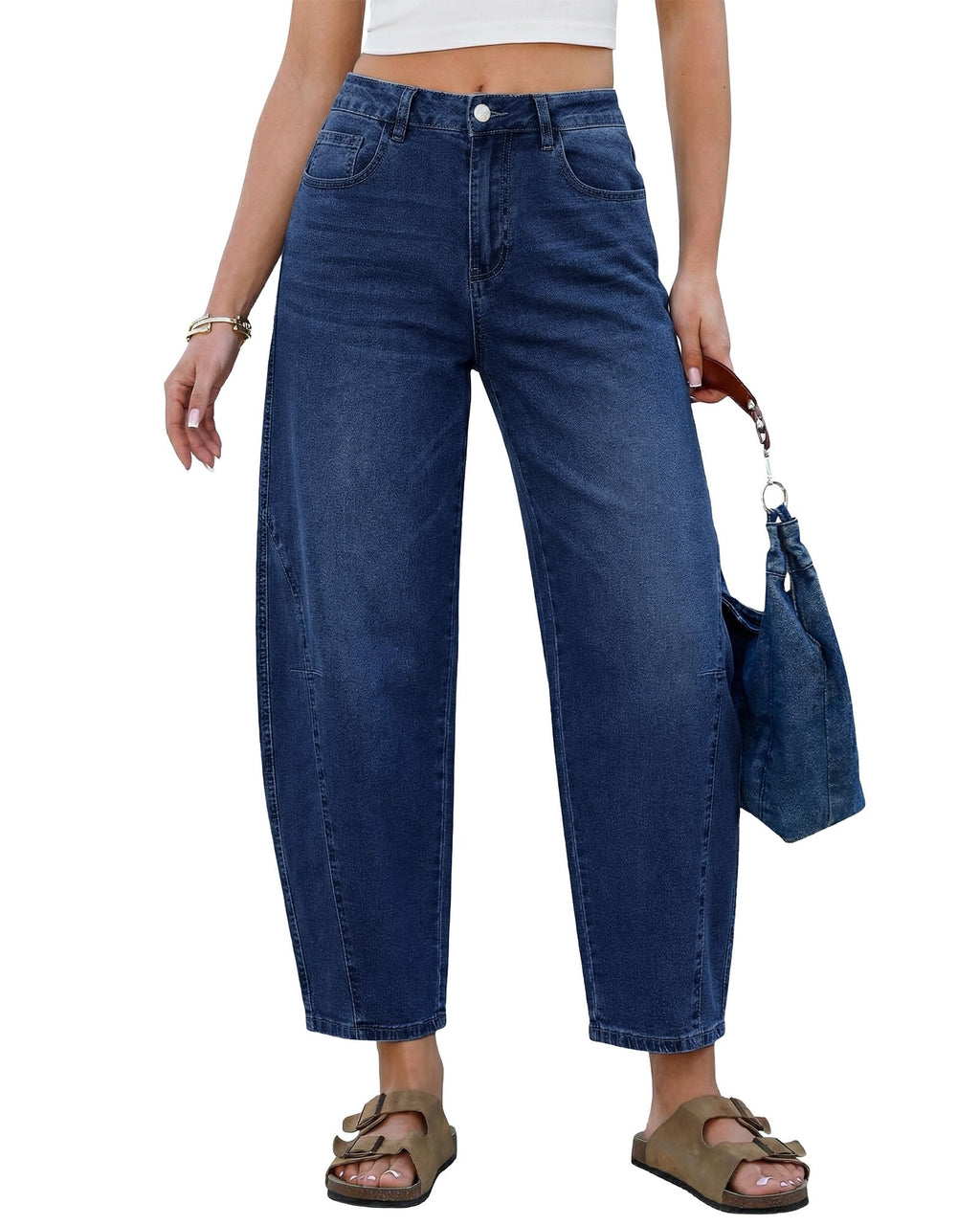 GRAPENT Barrel Jeans for Women Cropped Trendy High Waisted Baggy Side Seamed Casual Stretchy Denim Pants Wide Leg Jeans