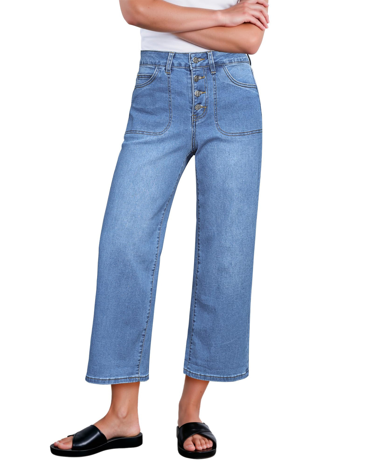 GRAPENT Wide Leg Jeans for Women Cropped Trendy High Waisted Button Fly Loose Straight Leg Stretchy Denim Trouser Jeans