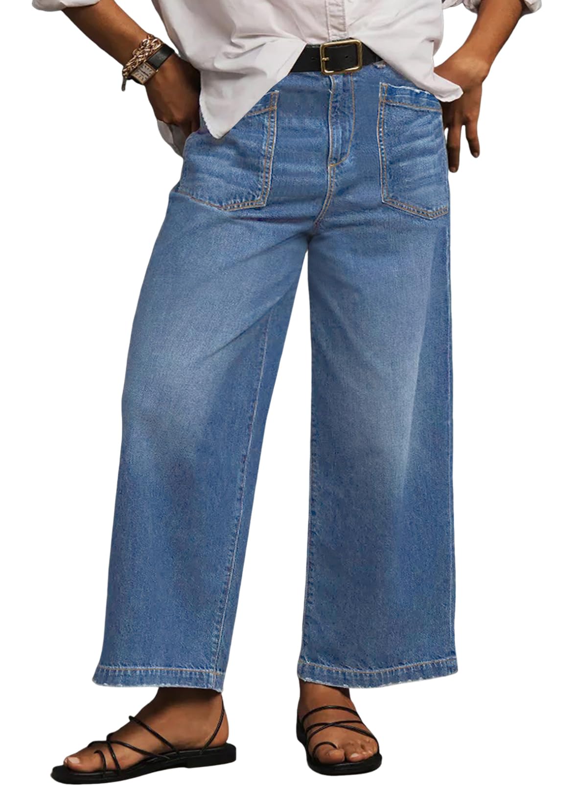 Eytino Plus Size Jeans for Women High Waisted Wide Leg Jeans Trendy Baggy Loose Stretchy Denim Pants with Pockets(1X-5X)