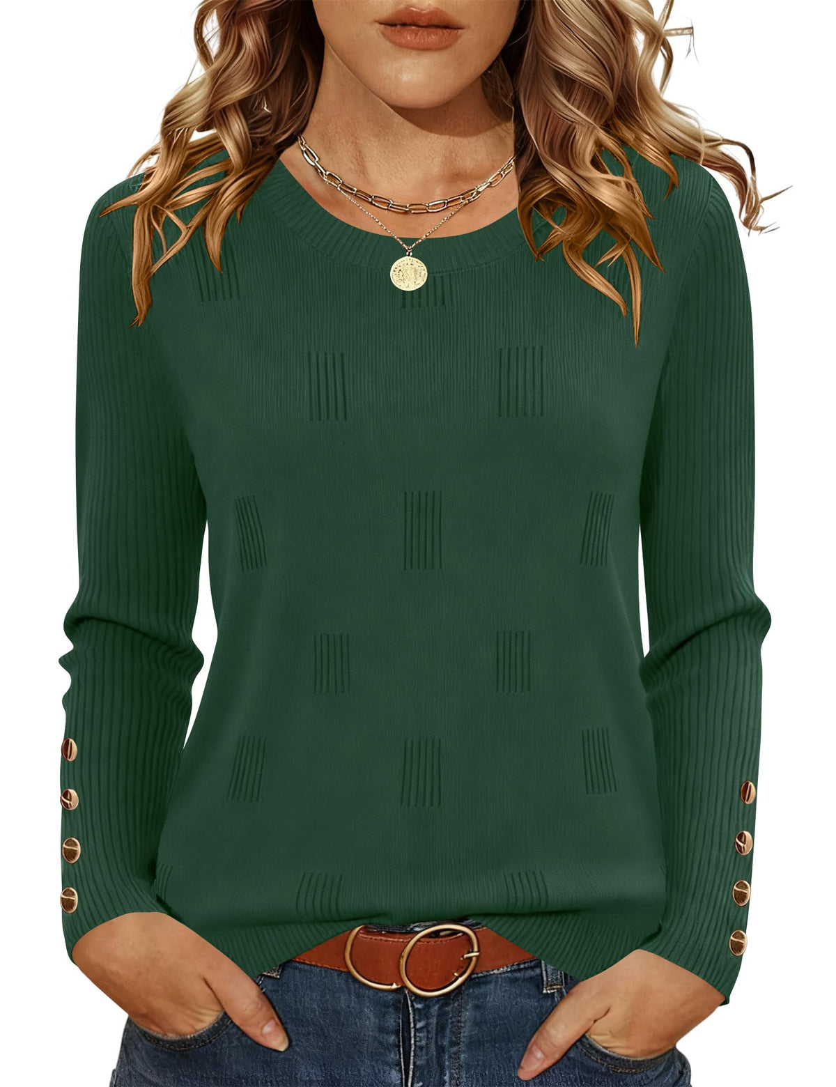 AKEWEI Womens Sweaters Long Sleeve Crew Neck Lightweight Knit Pullover Tops with Decorative Buttons