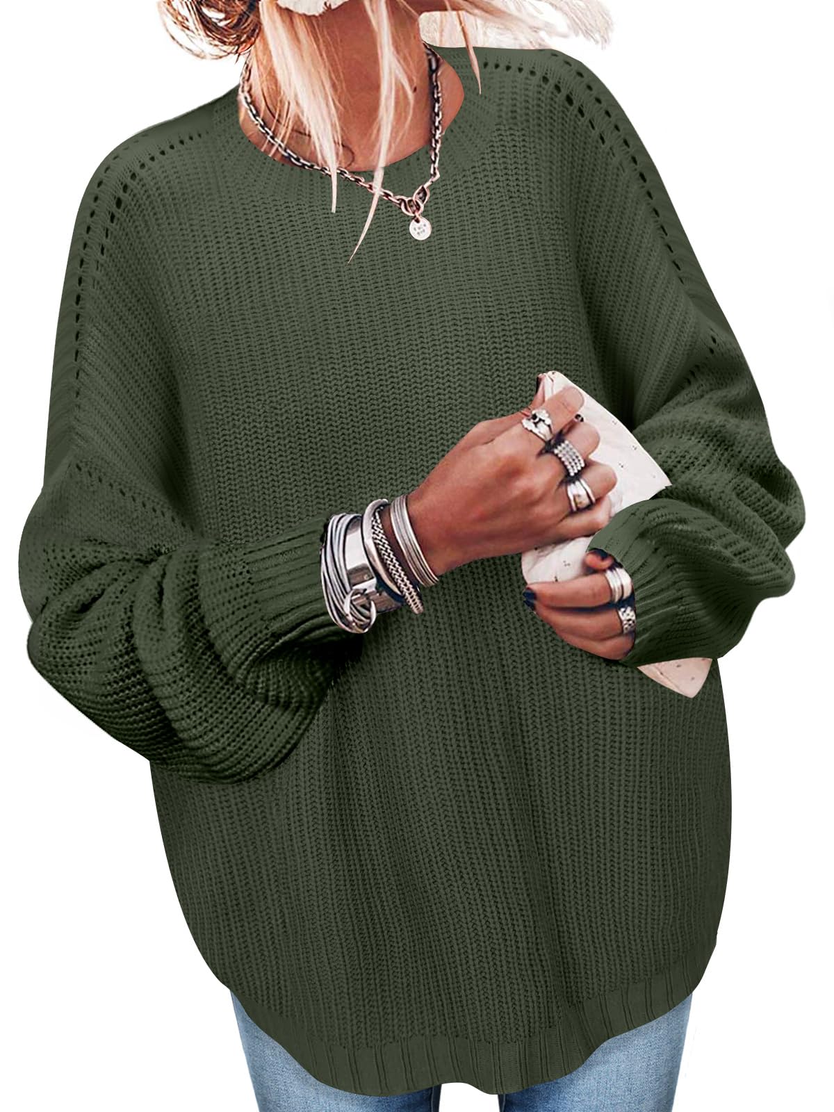 Sweaters for Women Oversized Casual Knit Ribbed Pullover Tunic Tops S-3XL