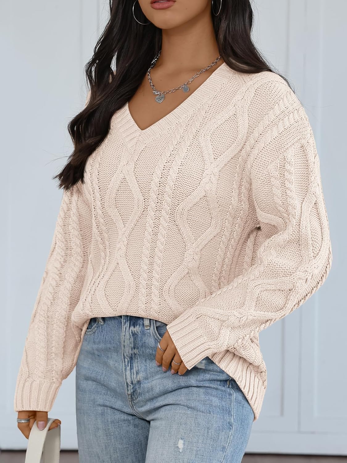 Trendy Queen Womens V Neck Cable Knit Sweaters Oversized Cozy Fall Pullover