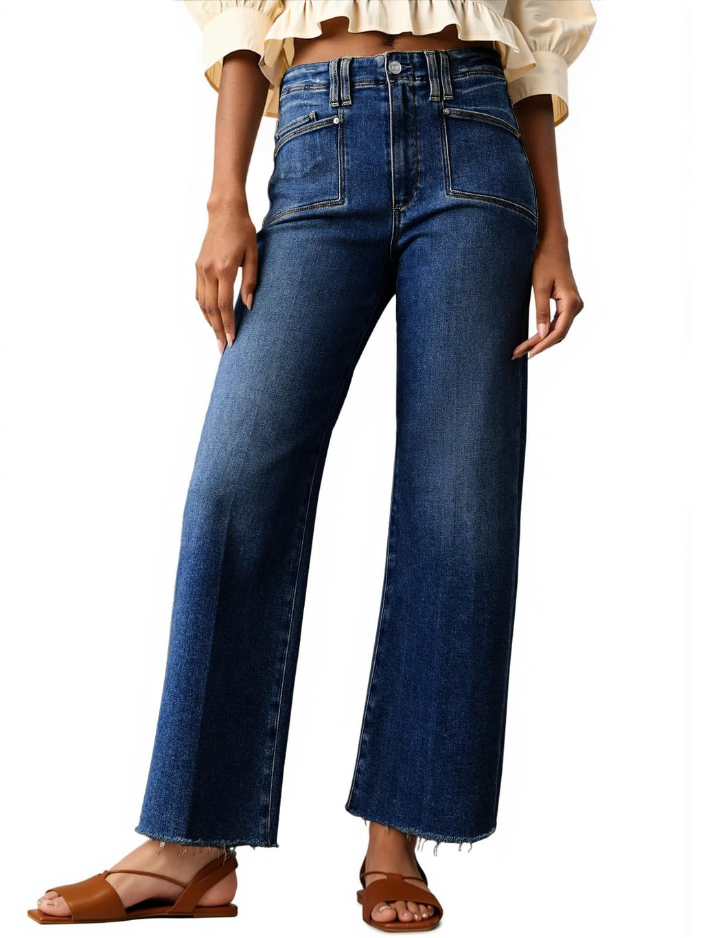Cicy Bell Womens High Waisted Cropped Jeans Straight Leg Raw Hem Denim Pant