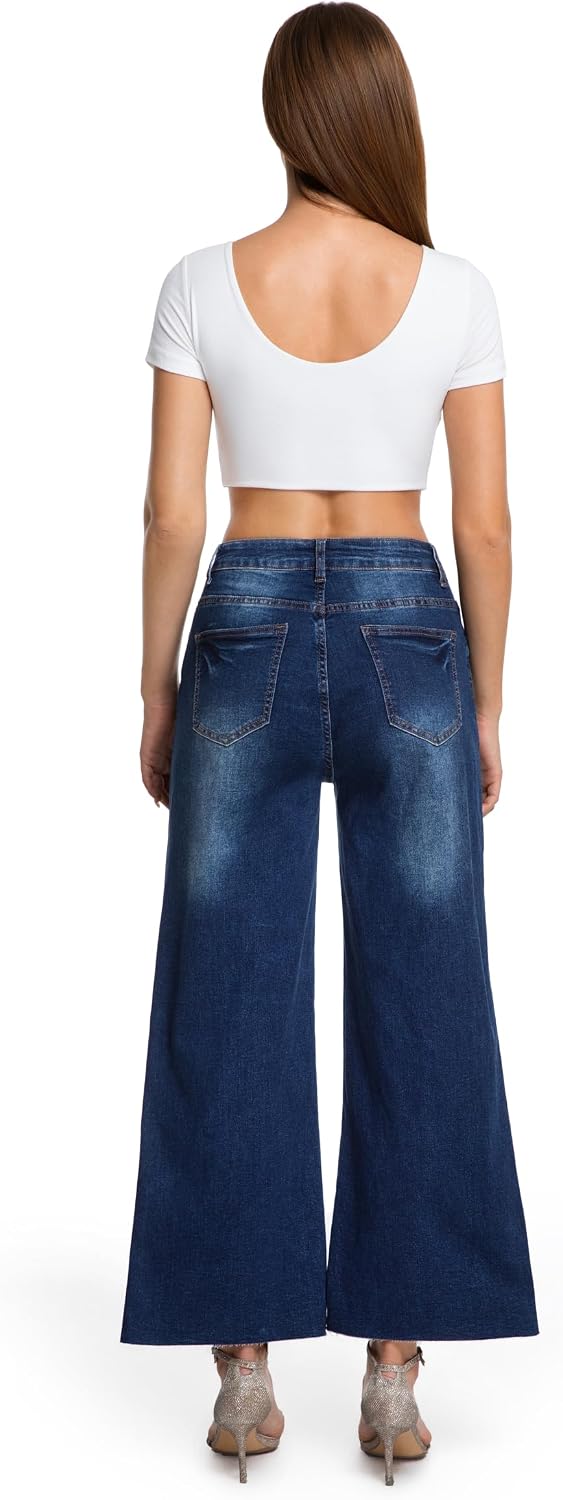Women's Wide Leg Jeans High Waisted Stretch Loose Fit Denim Pants with Vintage Whisker Distressed Details