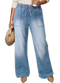 Eytino Womens Plus Size Jeans High Waisted Straight Leg Wide Leg Jean Trendy Stretchy Drawstring Denim Pants(1X-5X)