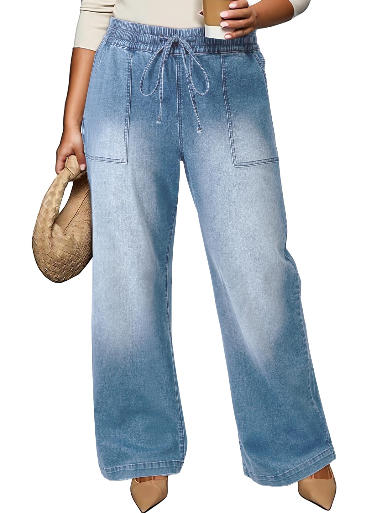 Eytino Womens Plus Size Jeans High Waisted Straight Leg Wide Leg Jean Trendy Stretchy Drawstring Denim Pants(1X-5X)