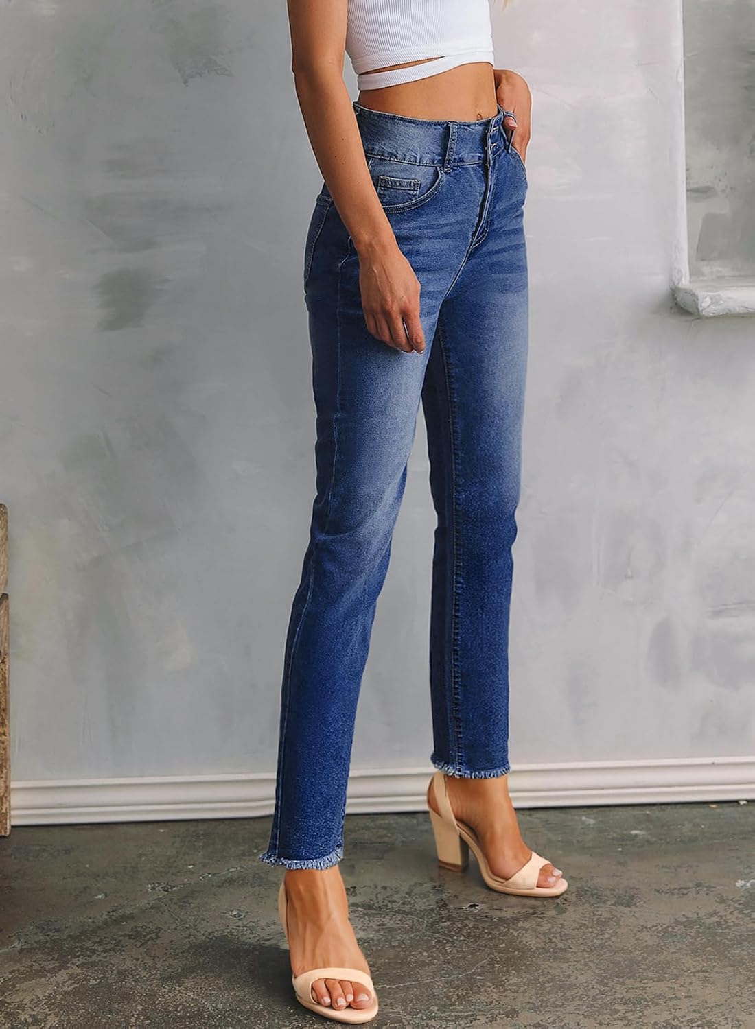 Sidefeel Women's High Waisted Raw Hem Straight Leg Jeans