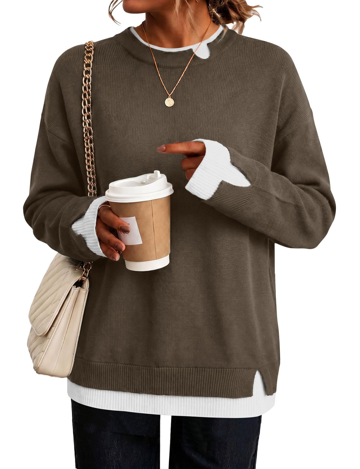 LOMON Womens Sweaters Cozy Long Sleeve Pullover Tops Faux Layered Sweaters