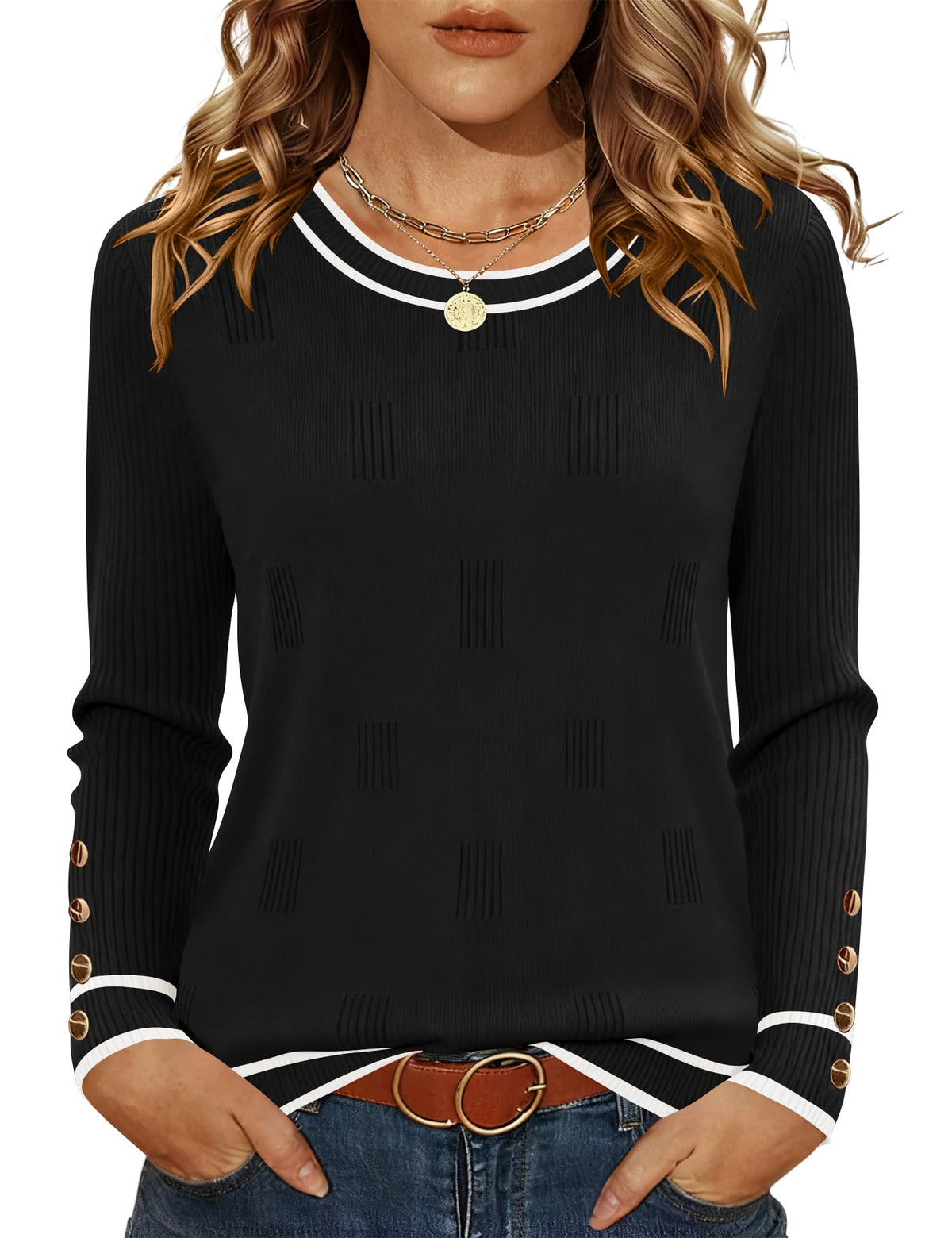 AKEWEI Womens Sweaters Long Sleeve Crew Neck Lightweight Knit Pullover Tops with Decorative Buttons