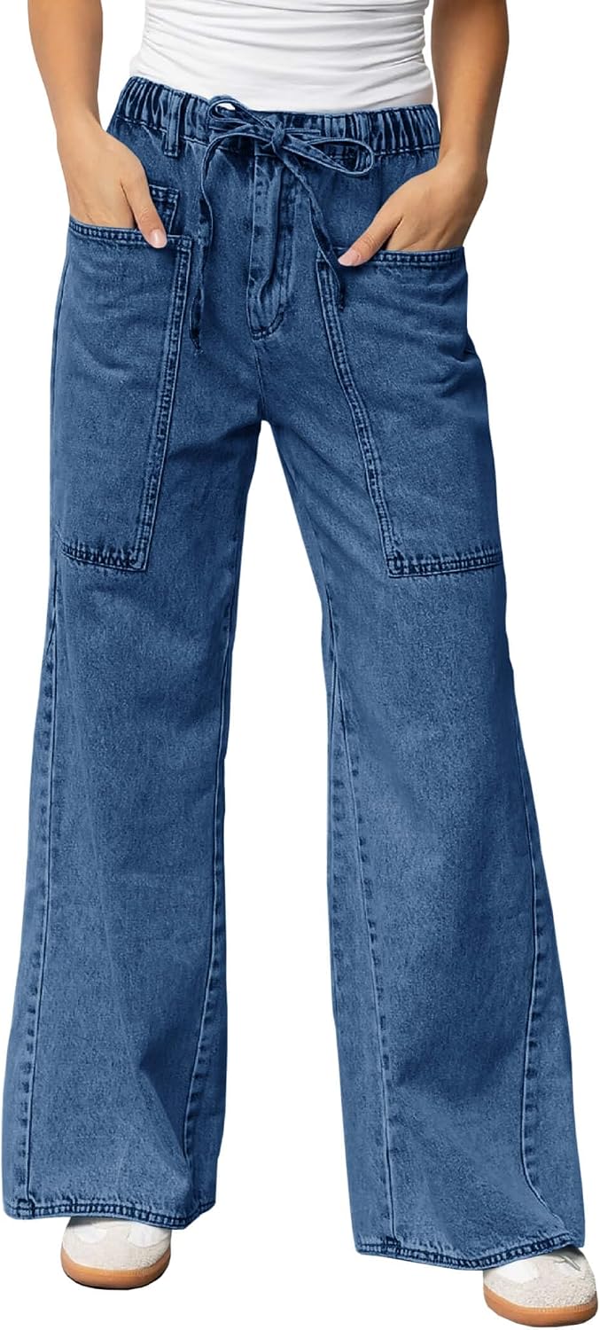 Women's Wide Leg Jeans High Waisted Denim Pants with Drawstring